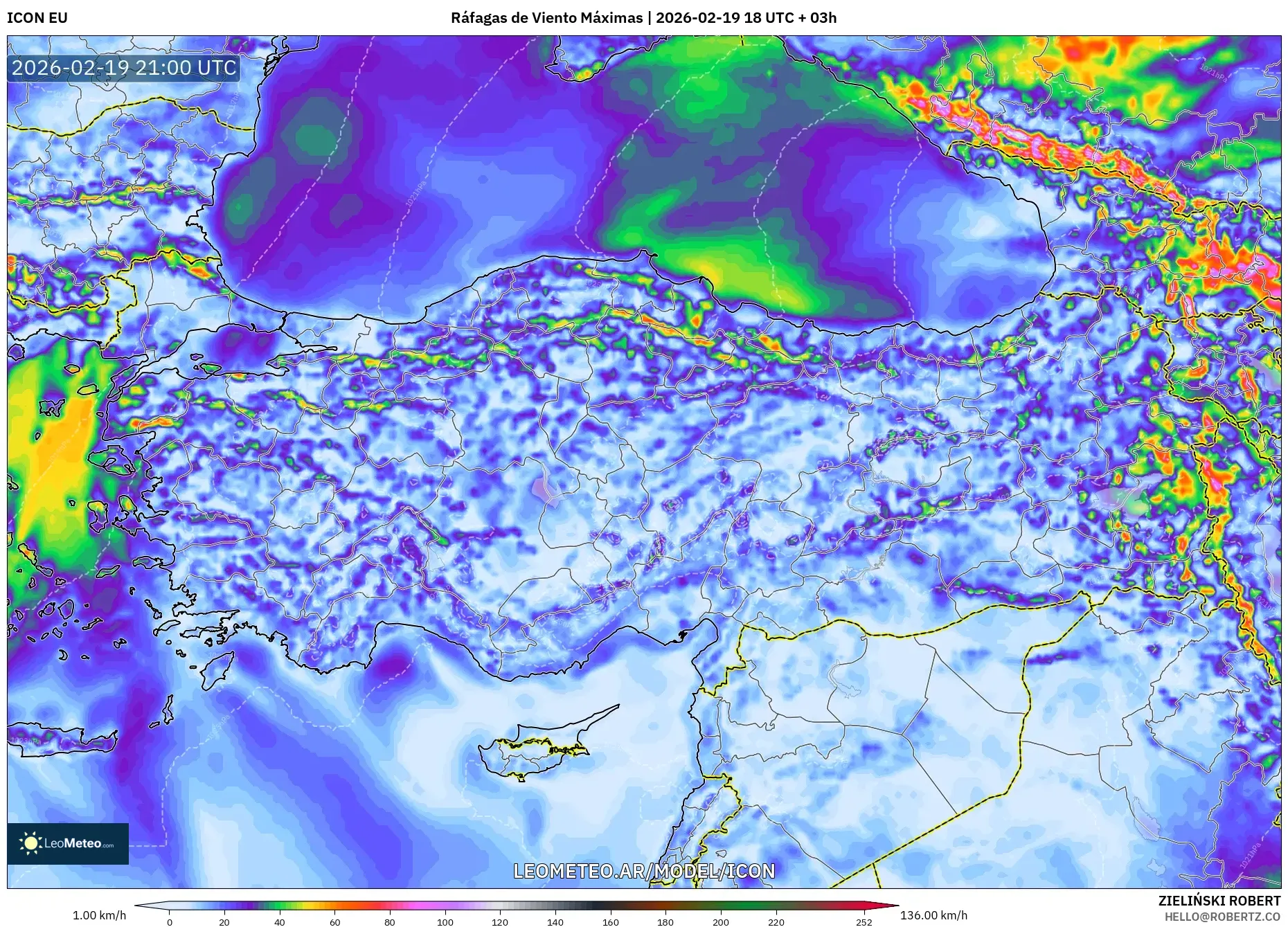 ICON model - Turquía, Ráfagas de Viento Máximas