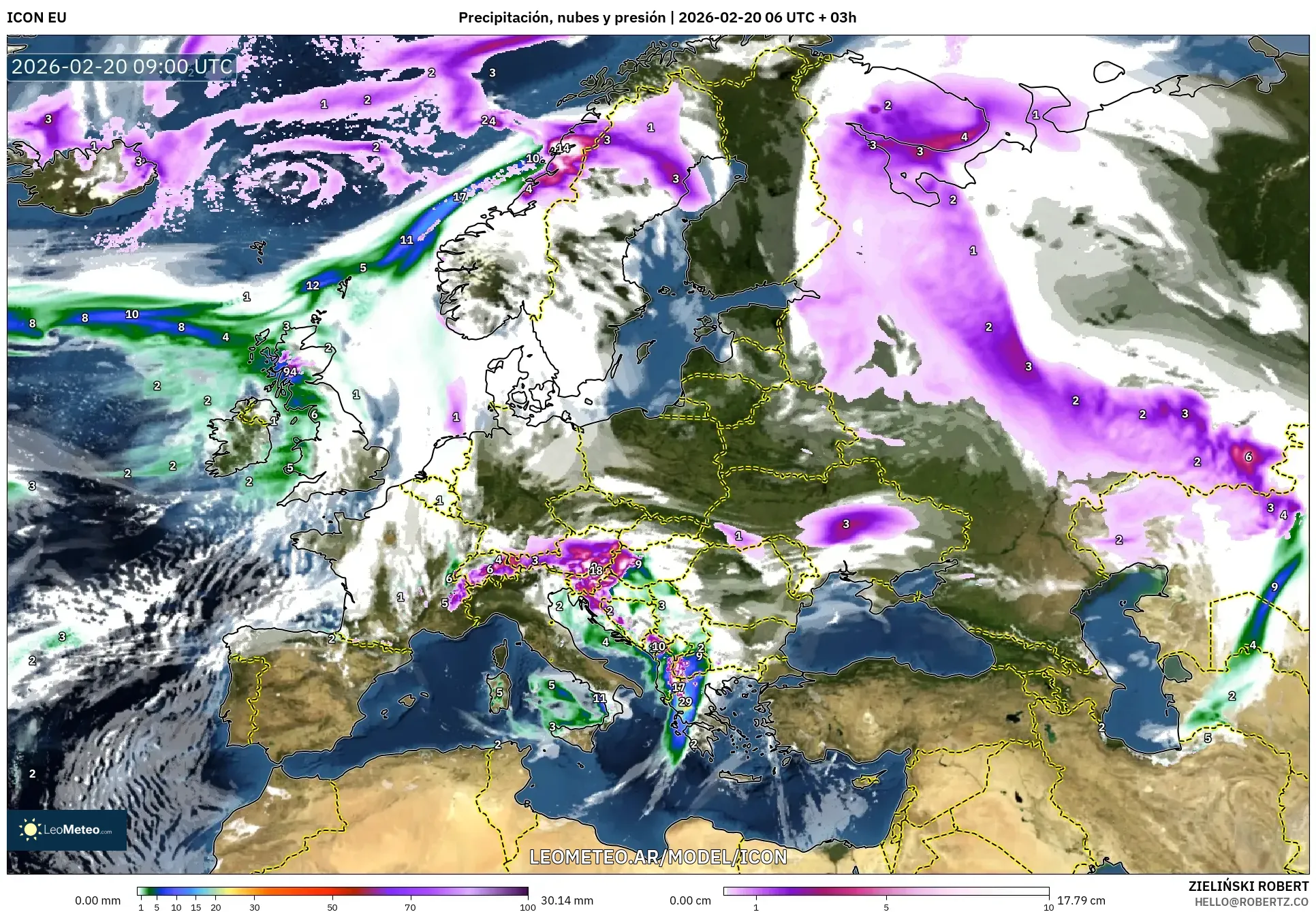 ICON model - Europa, Precipitación, nubes y presión