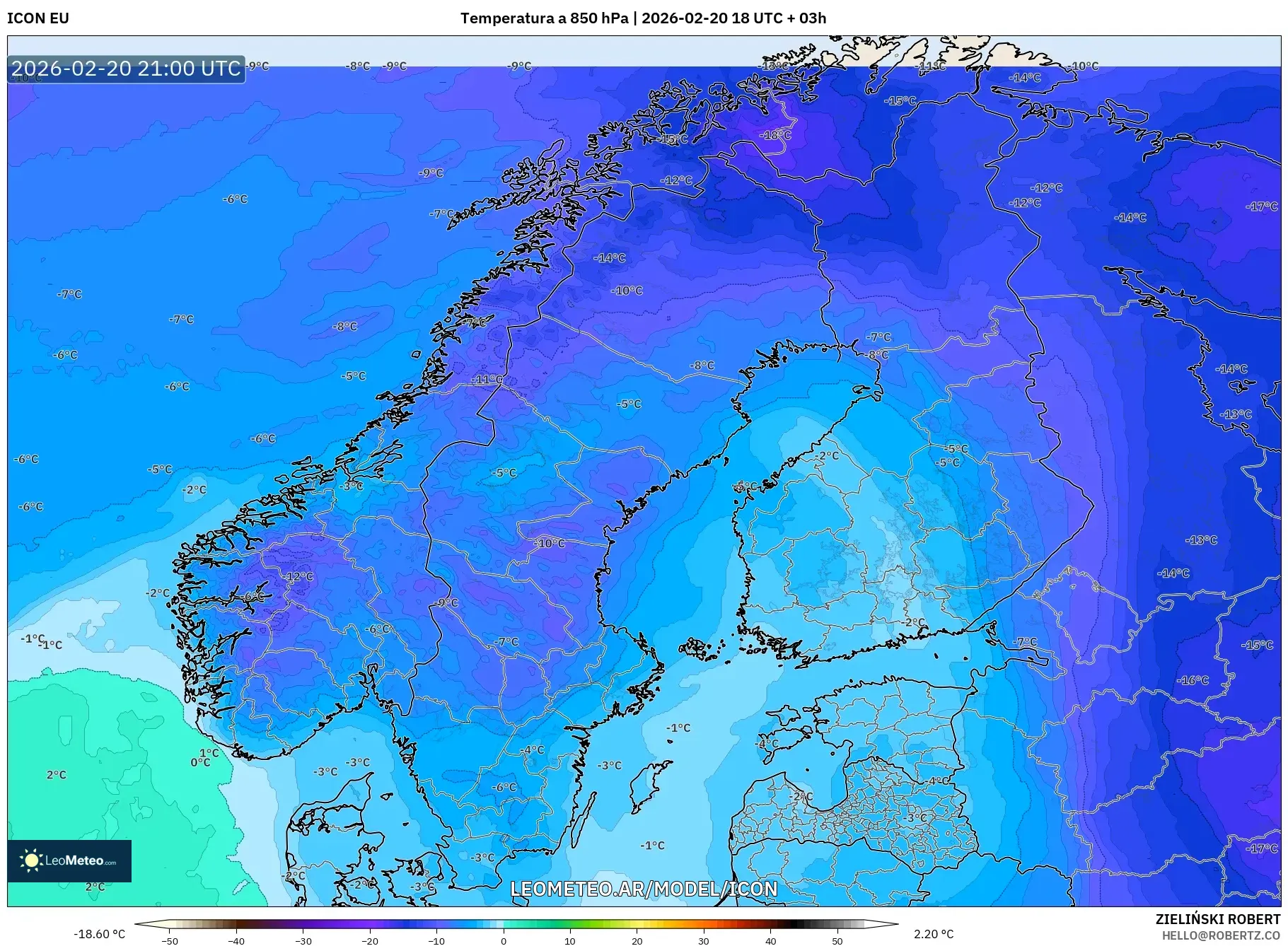 ICON model - Escandinavia, Temperatura a 850 hPa
