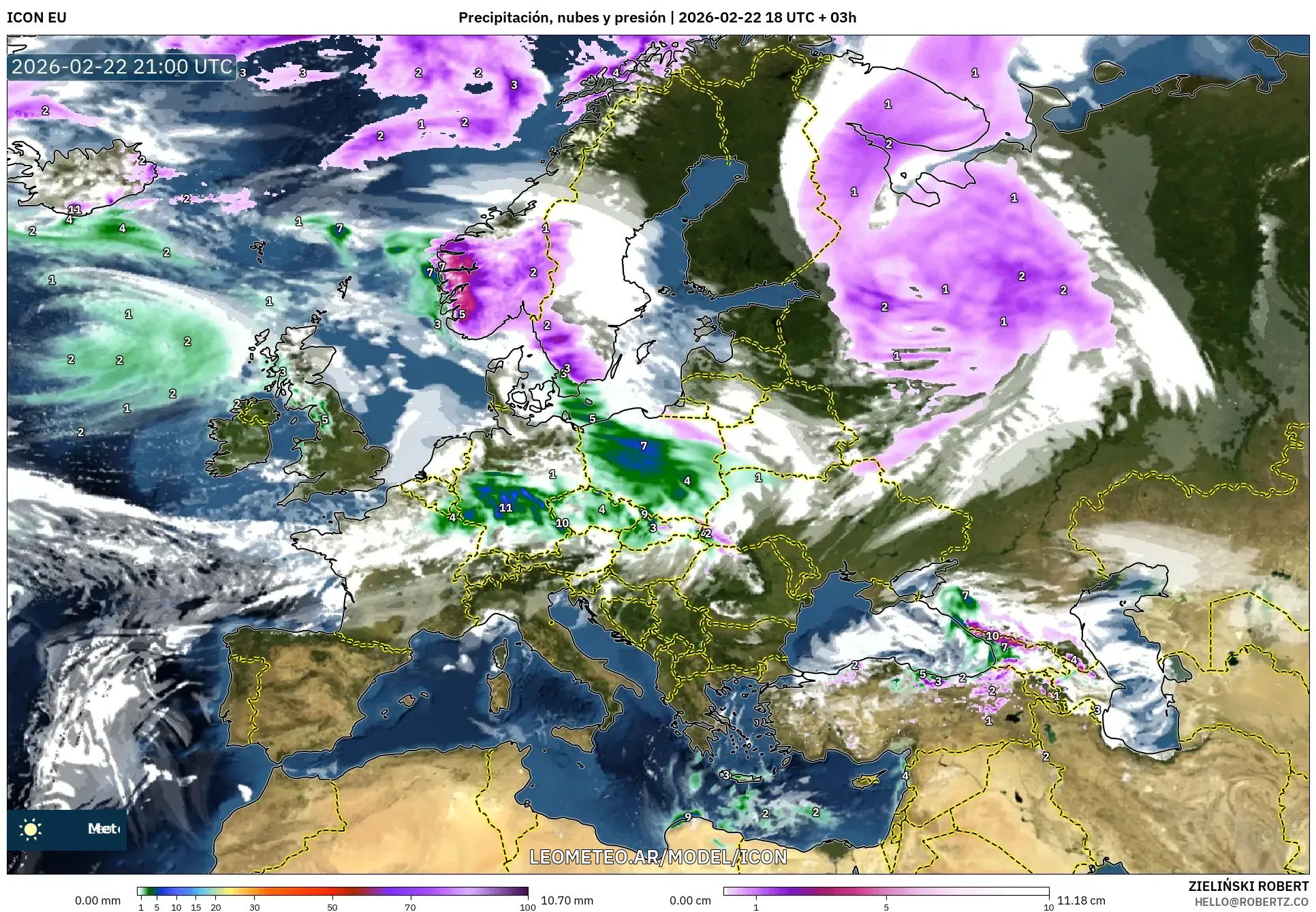 ICON model - Europa, Opady, chmury i ciśnienie