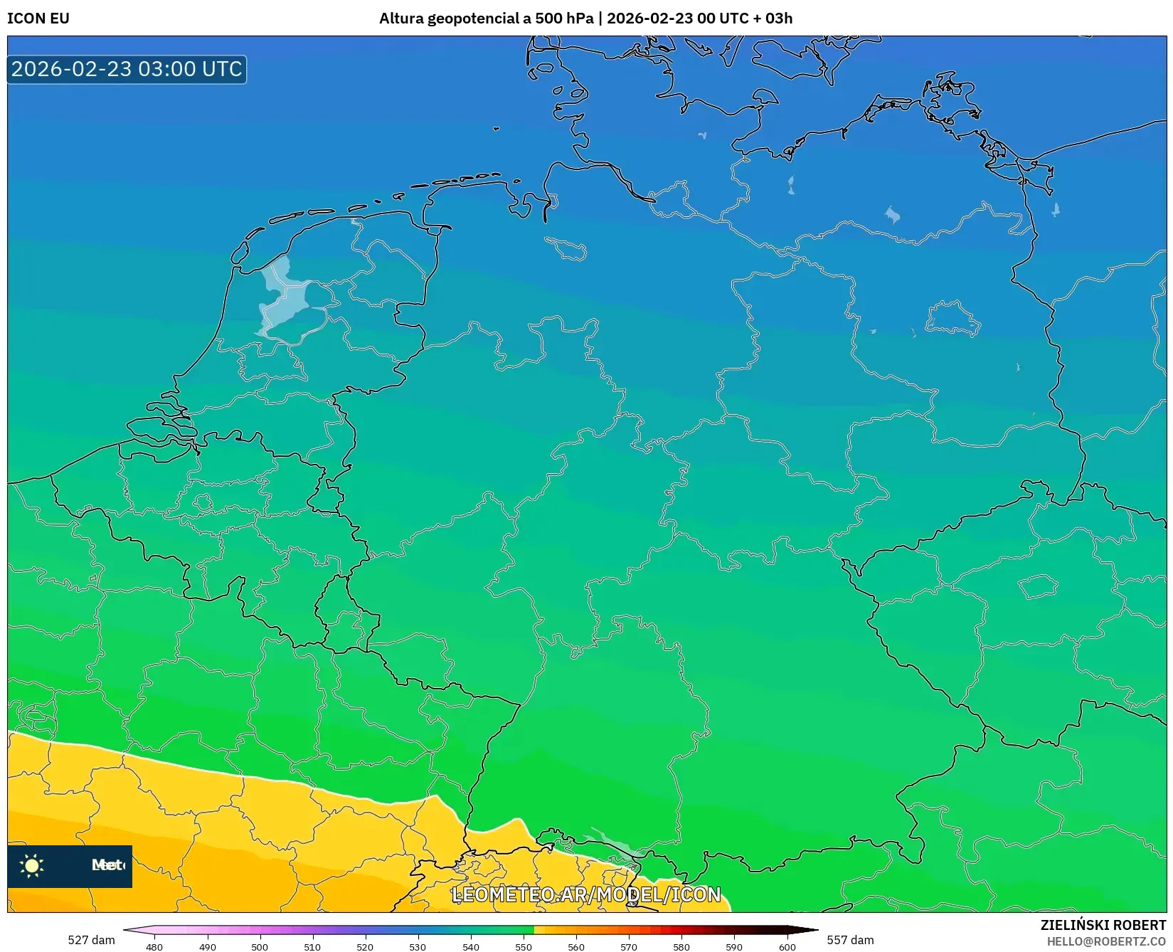 ICON model - Niemcy, Wysokość geopotencjalna na poziomie 500 hPa