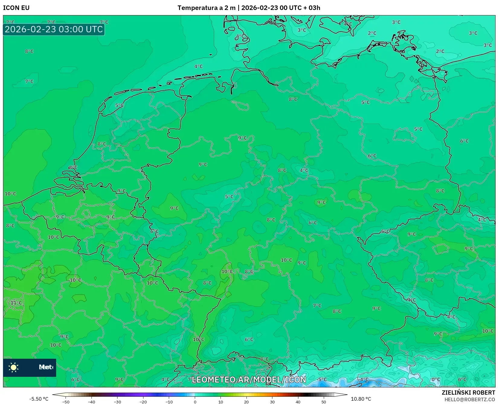 ICON model - Niemcy, Temperatura na 2 m