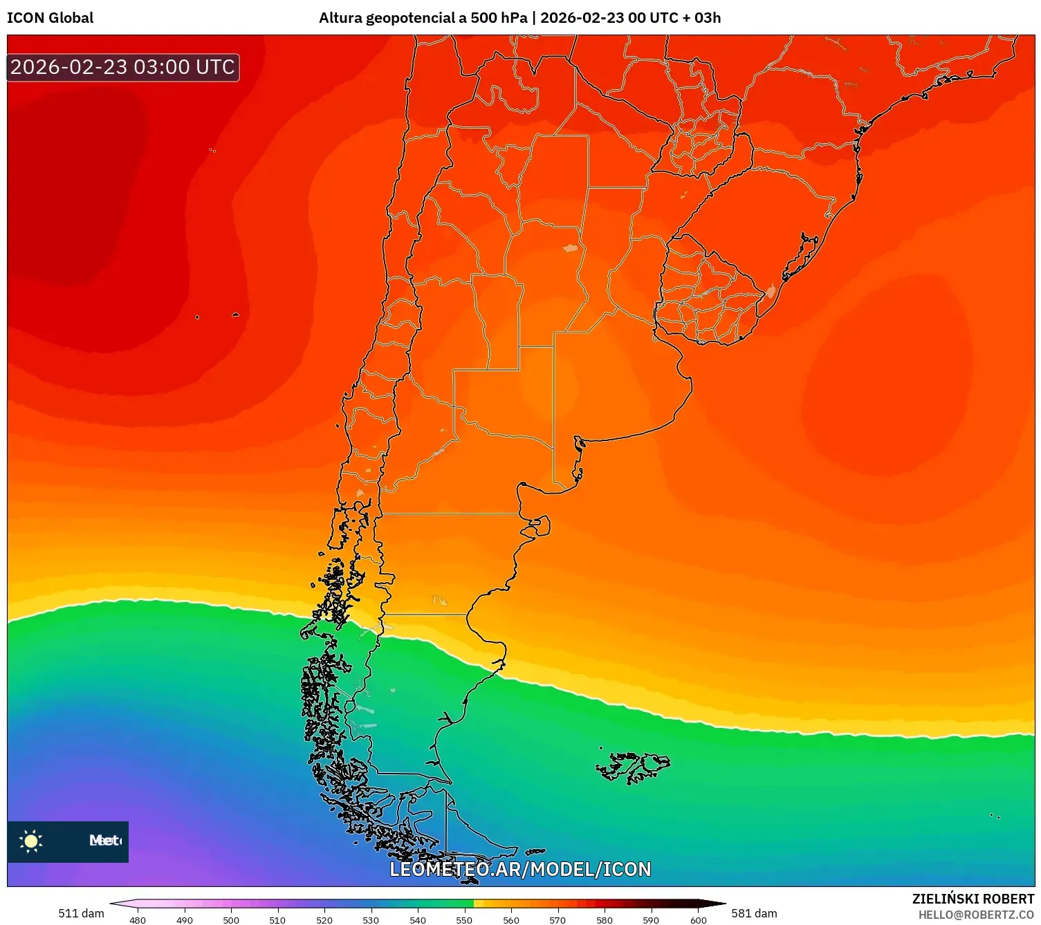 ICON model - Argentyna, Wysokość geopotencjalna na poziomie 500 hPa