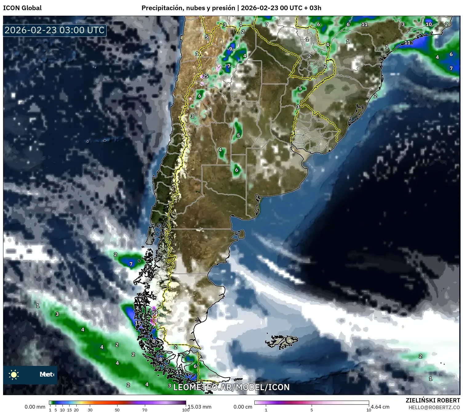 ICON model - Argentyna, Opady, chmury i ciśnienie