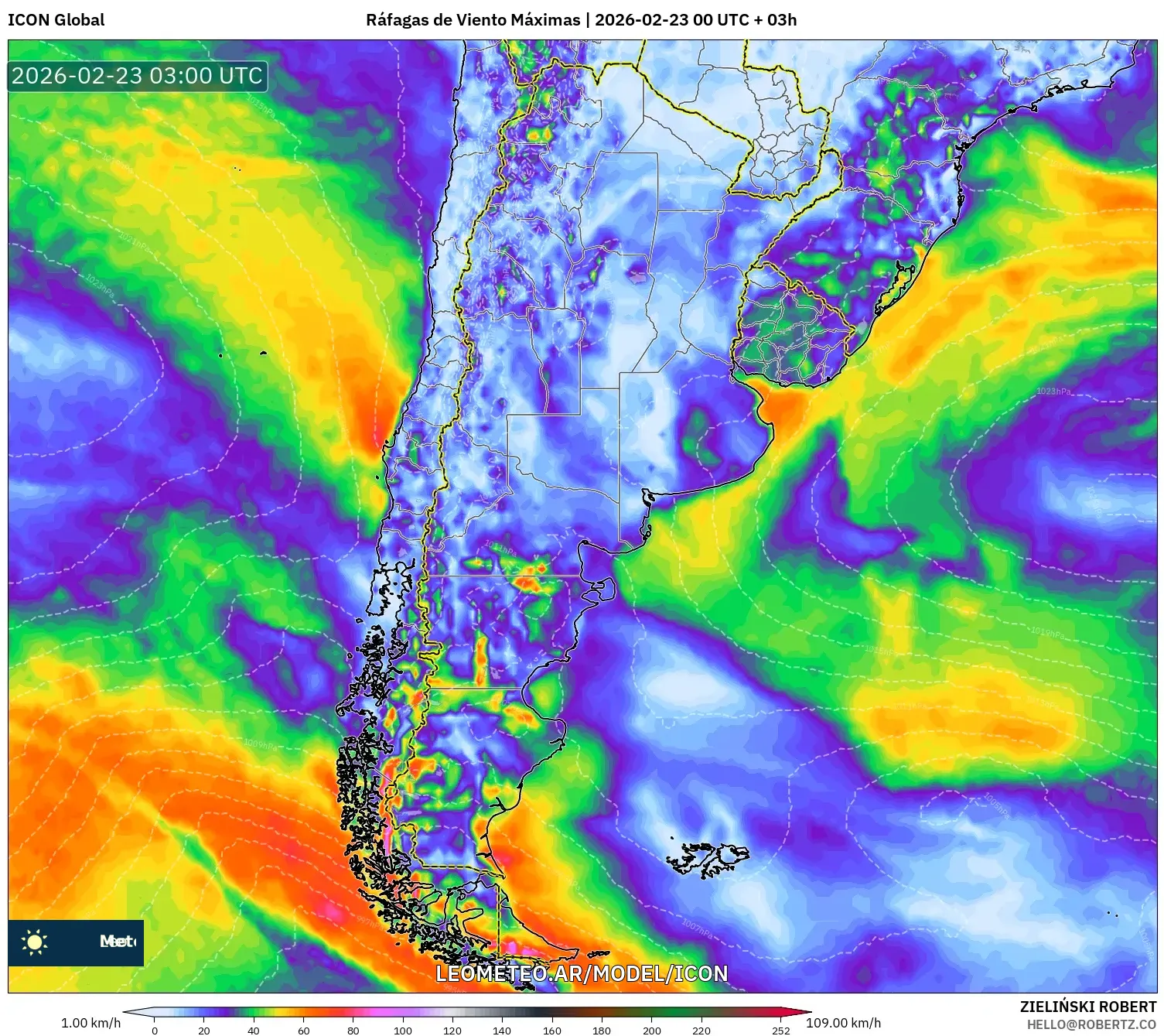 ICON model - Argentyna, Maksymalne Porywy Wiatru