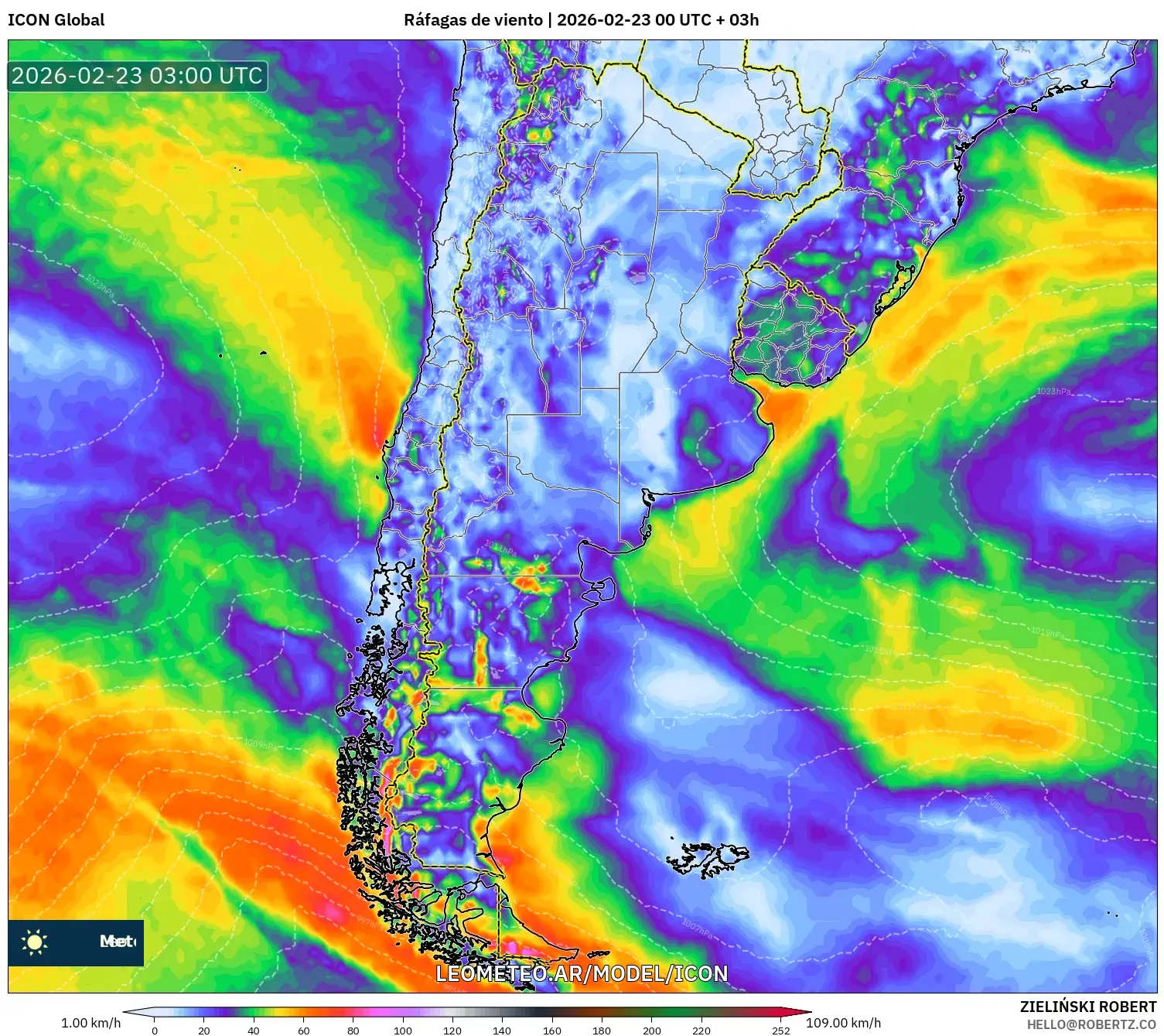 ICON model - Argentyna, Porywy wiatru