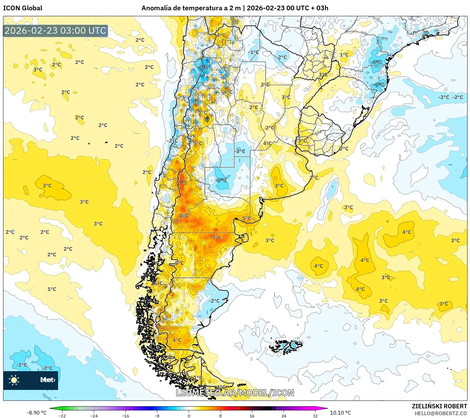ICON model - Argentyna, Anomalia temperatury na 2 m