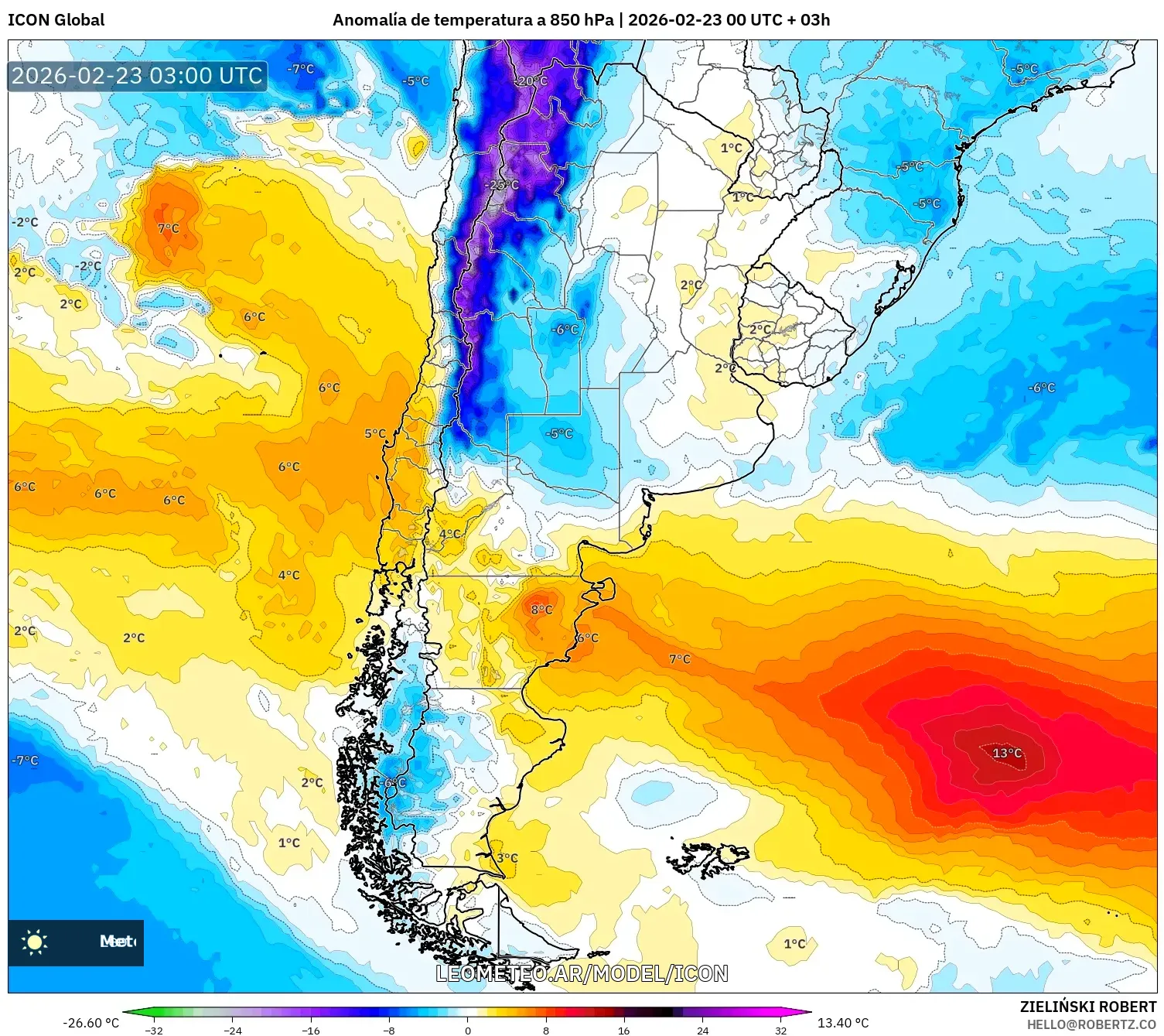 ICON model - Argentyna, Anomalia temperatury na 850 hPa