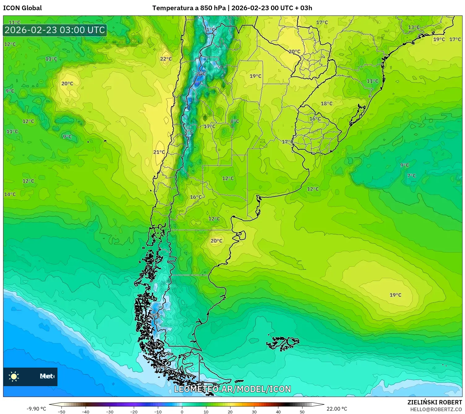 ICON model - Argentyna, Temperatura na 850 hPa