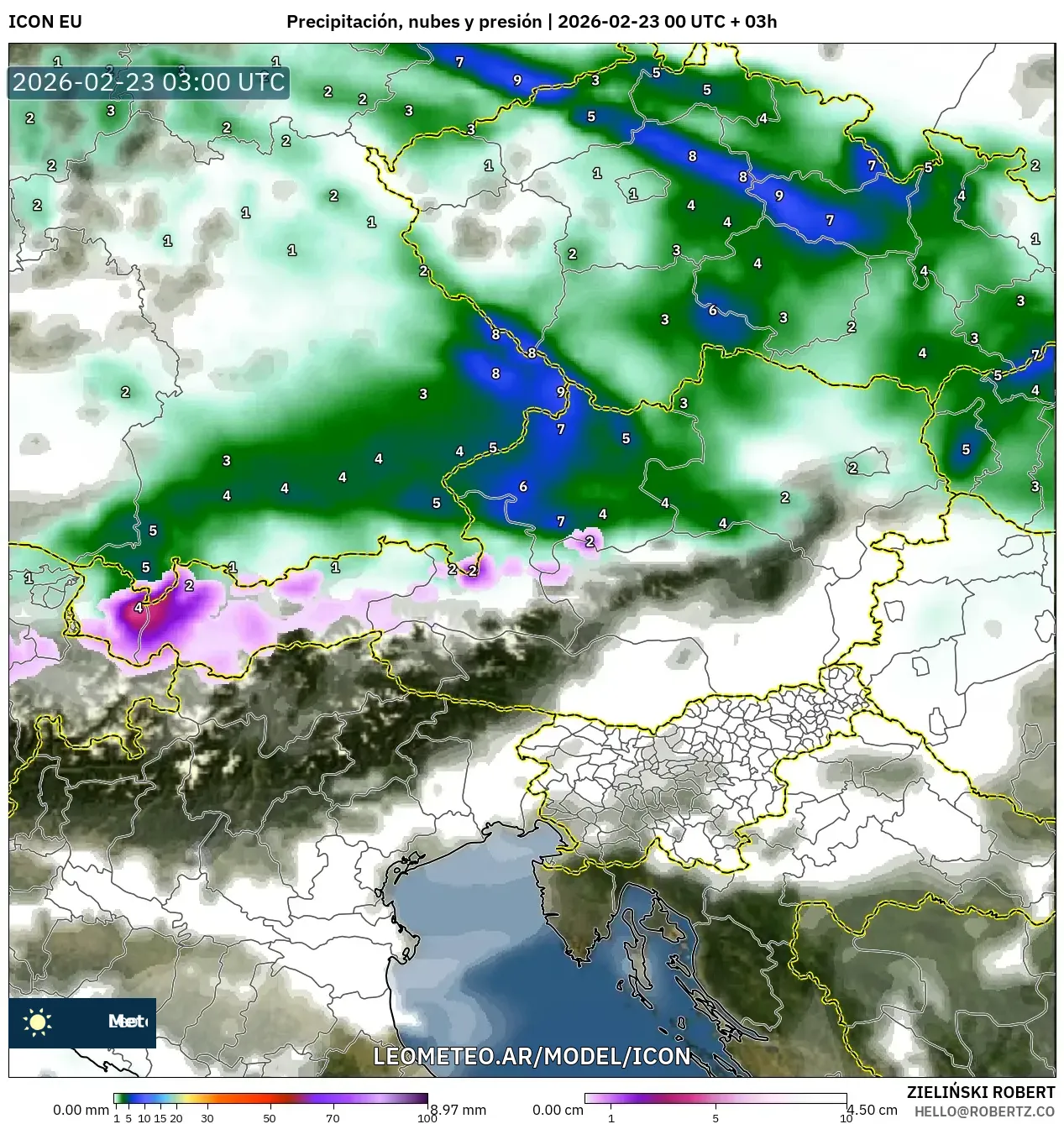 ICON model - Austria, Opady, chmury i ciśnienie