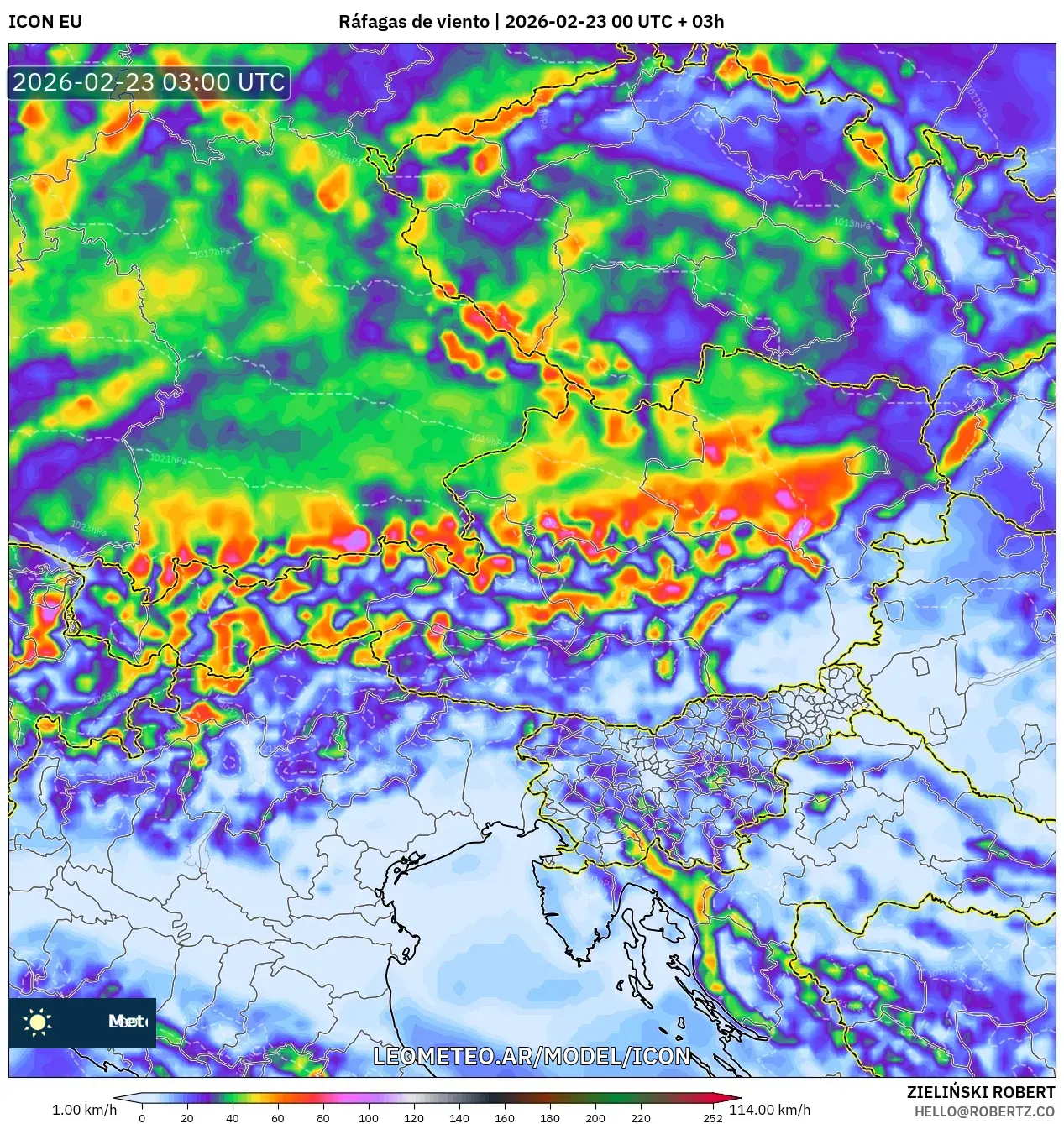 ICON model - Austria, Porywy wiatru