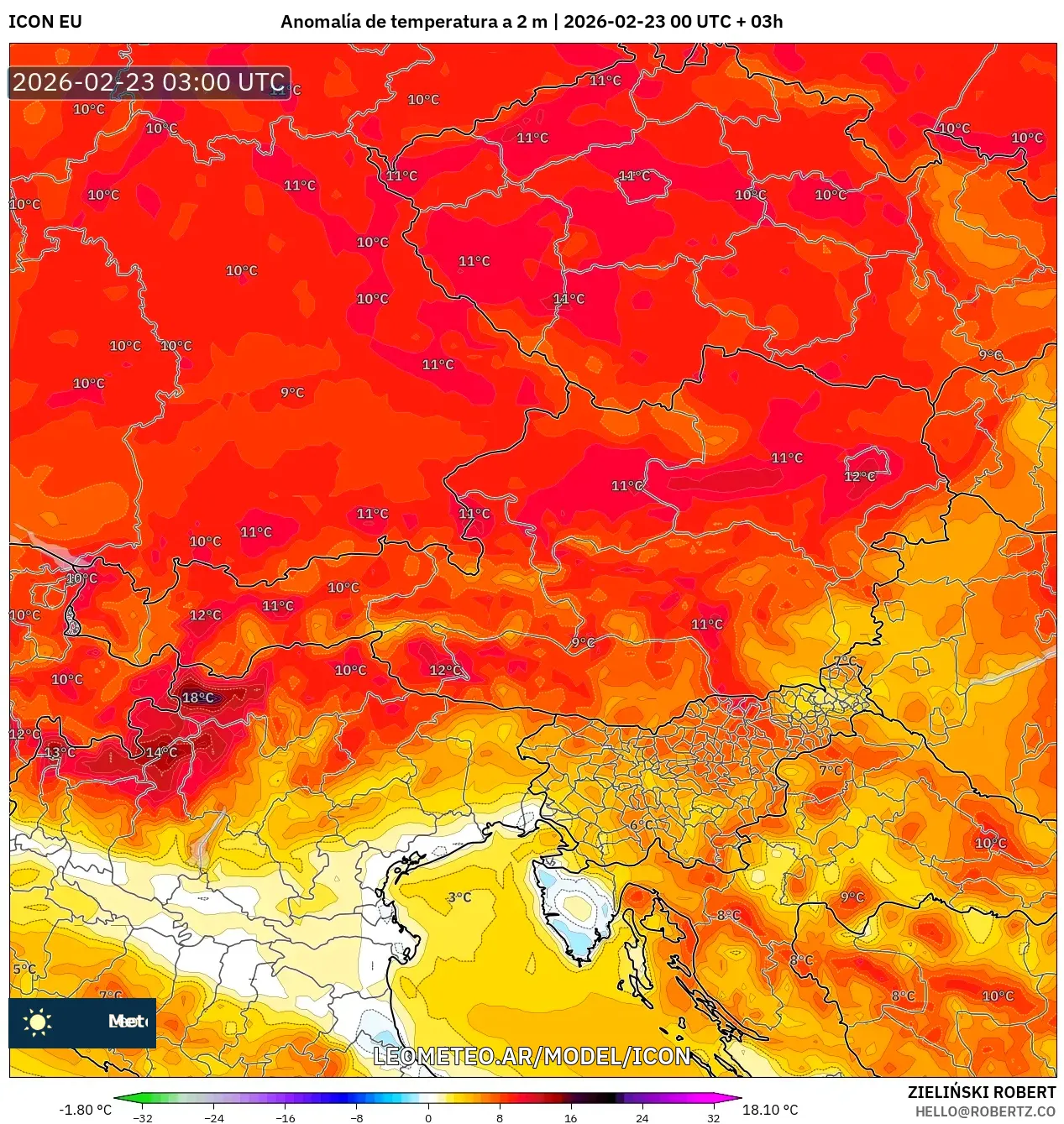ICON model - Austria, Anomalia temperatury na 2 m