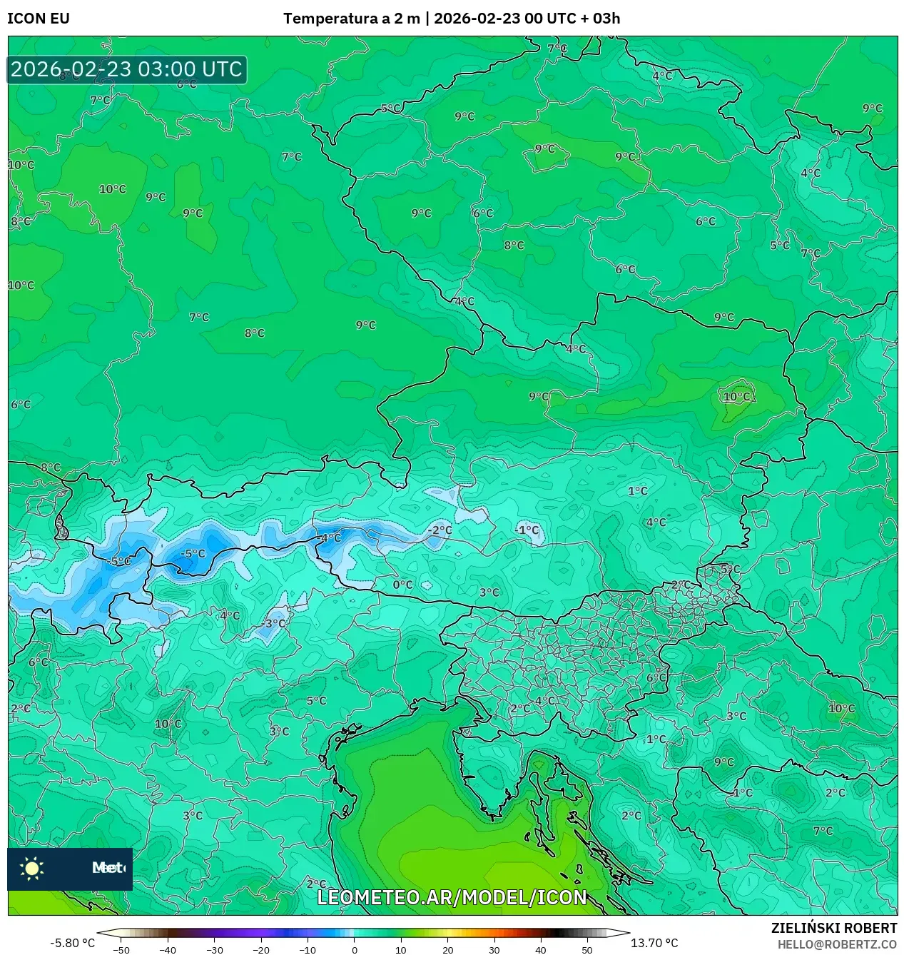 ICON model - Austria, Temperatura na 2 m