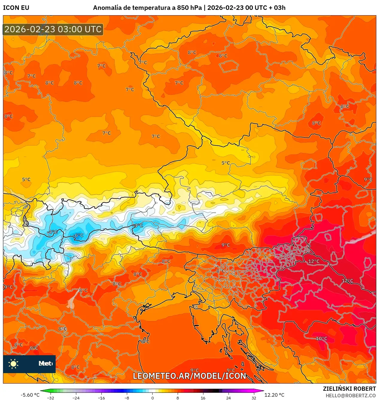 ICON model - Austria, Anomalia temperatury na 850 hPa