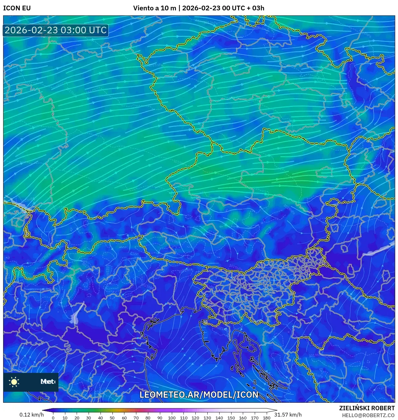 ICON model - Austria, Wiatr na 10 m