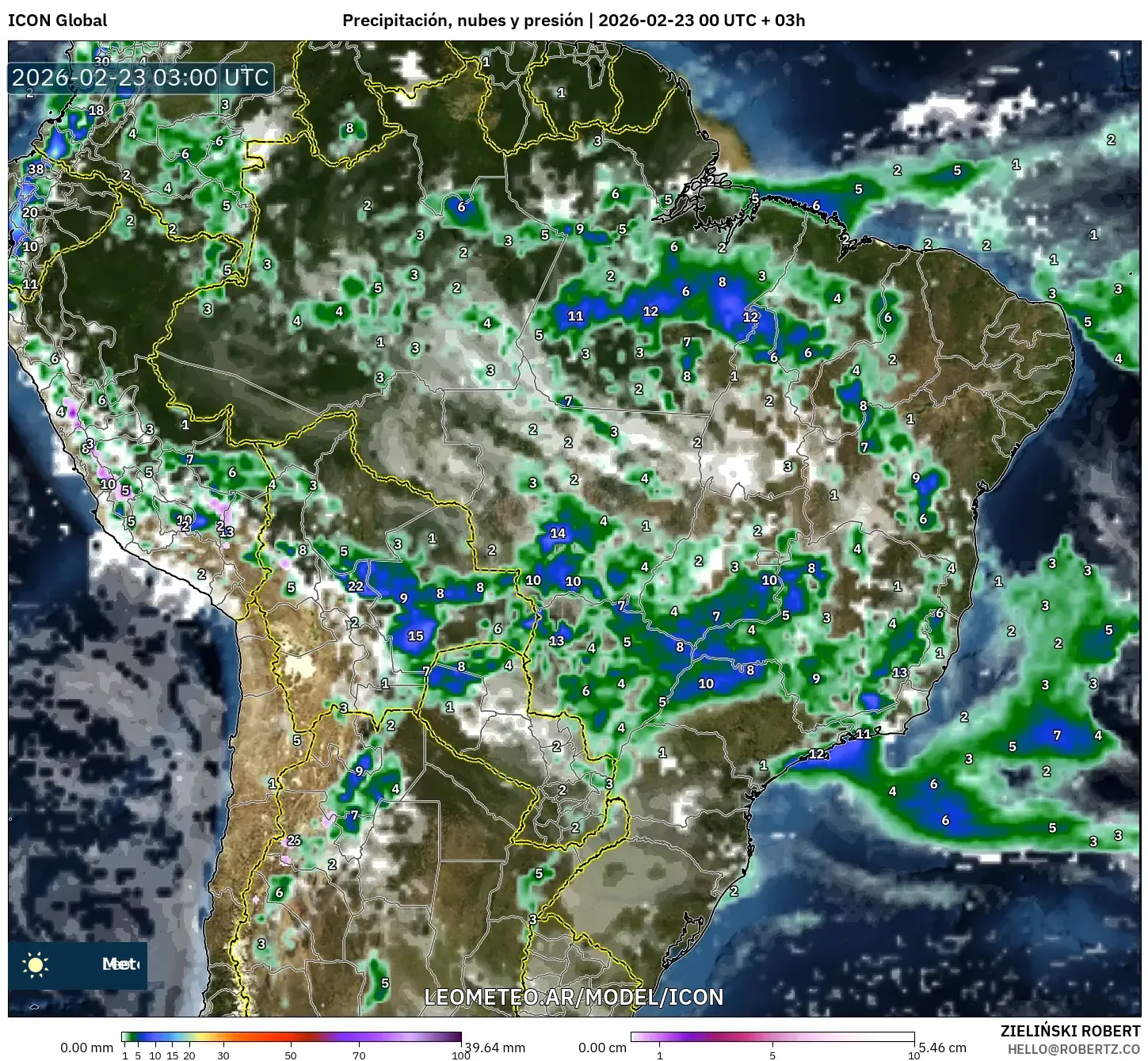 ICON model - Brazylia, Opady, chmury i ciśnienie