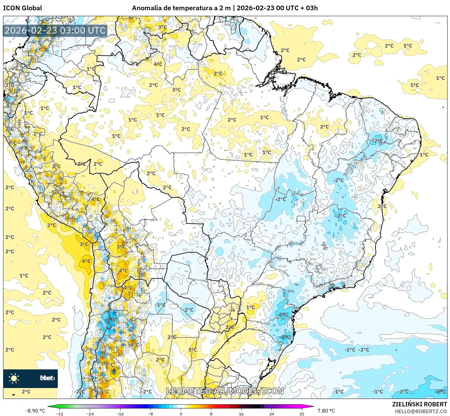 ICON model - Brazylia, Anomalia temperatury na 2 m