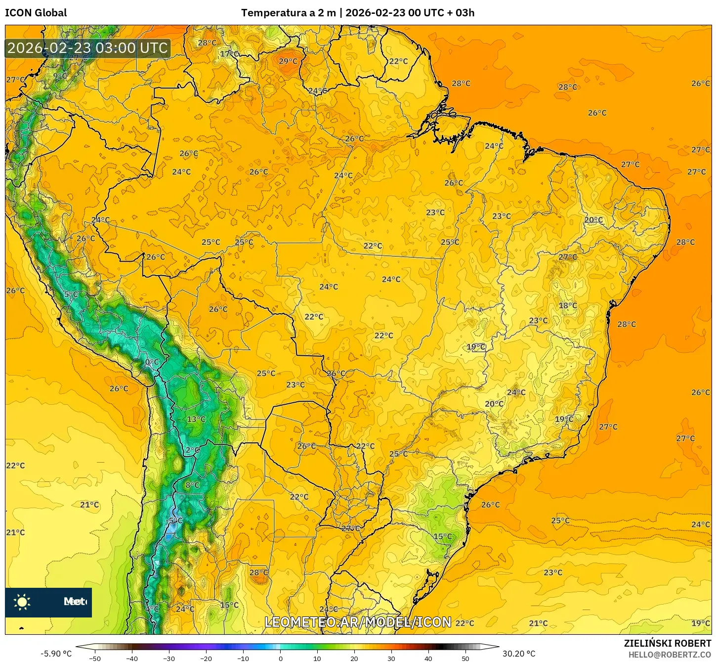 ICON model - Brazylia, Temperatura na 2 m