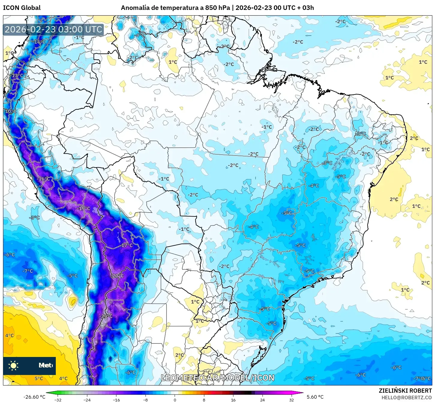 ICON model - Brazylia, Anomalia temperatury na 850 hPa