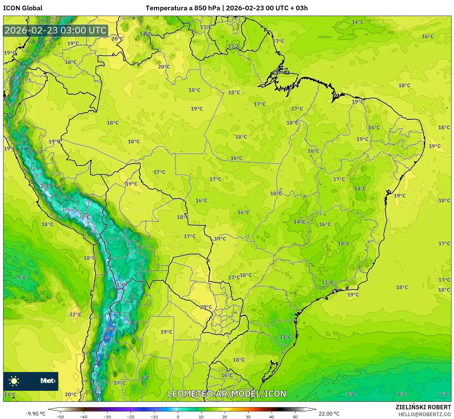 ICON model - Brazylia, Temperatura na 850 hPa
