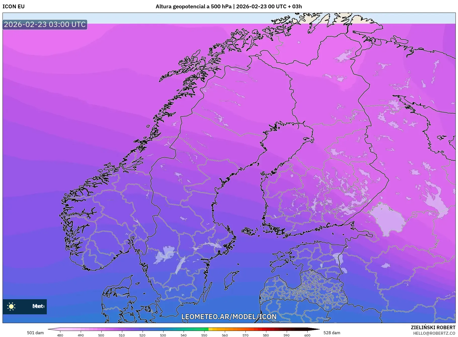 ICON model - Skandynawia, Wysokość geopotencjalna na poziomie 500 hPa
