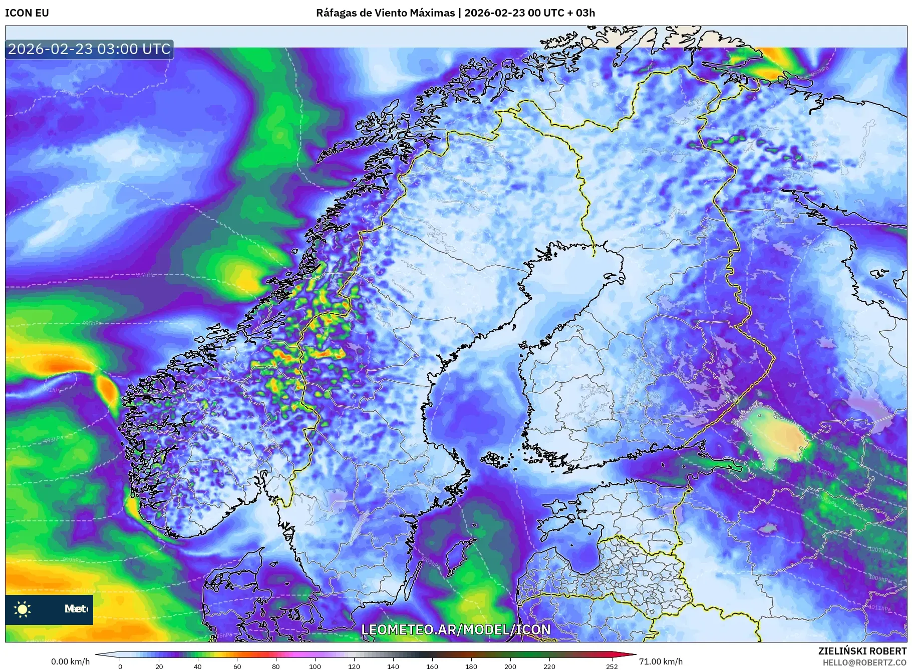 ICON model - Skandynawia, Maksymalne Porywy Wiatru