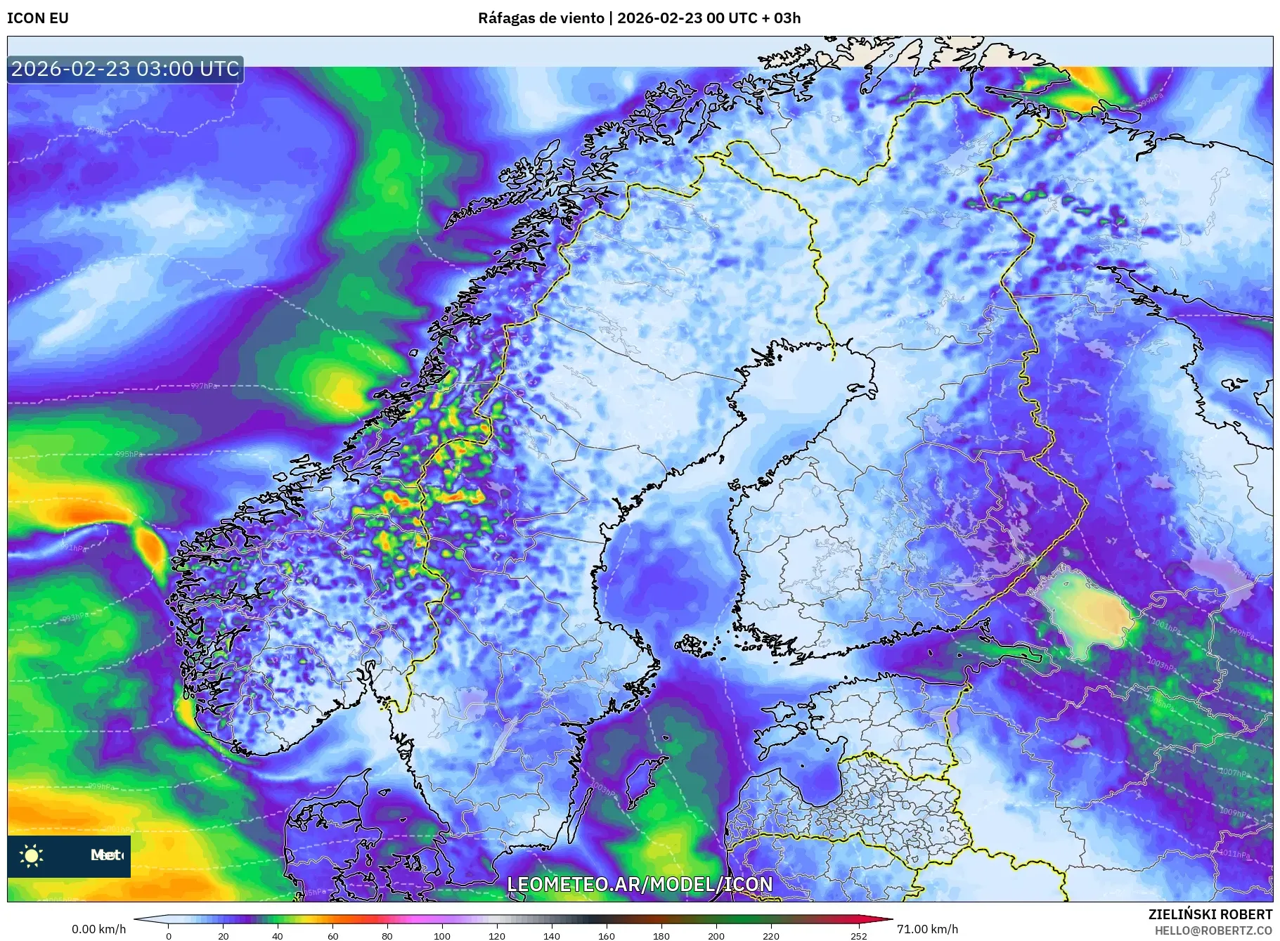 ICON model - Skandynawia, Porywy wiatru