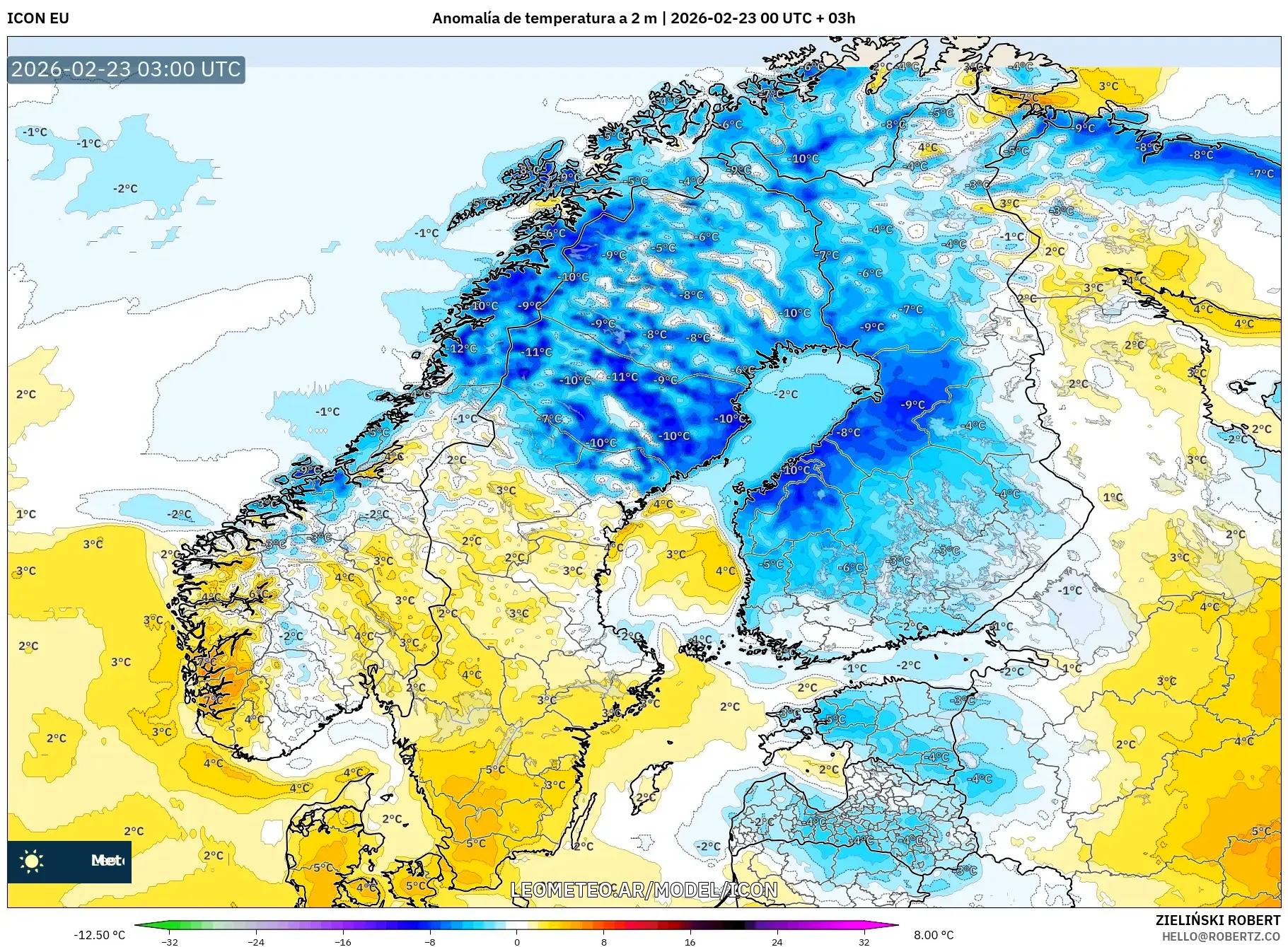 ICON model - Skandynawia, Anomalia temperatury na 2 m