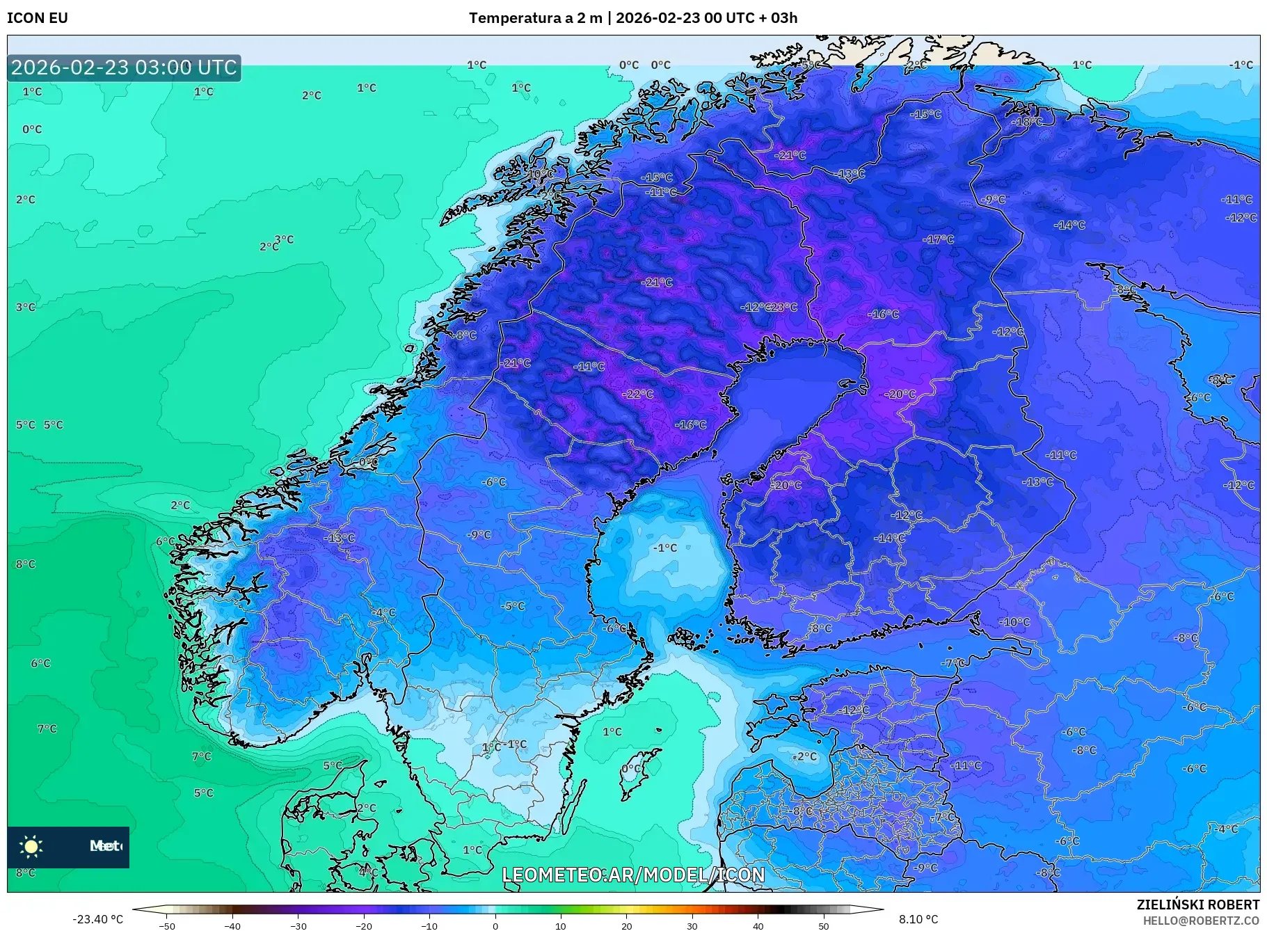 ICON model - Skandynawia, Temperatura na 2 m