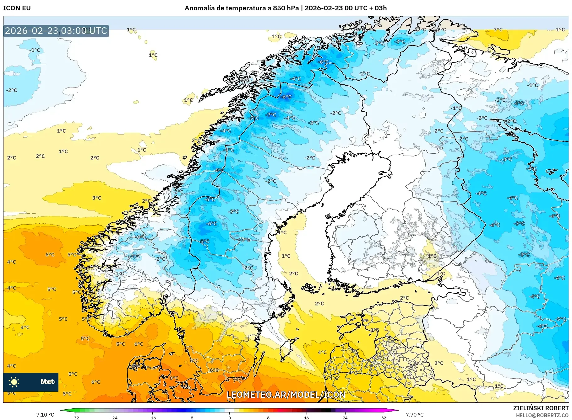ICON model - Skandynawia, Anomalia temperatury na 850 hPa