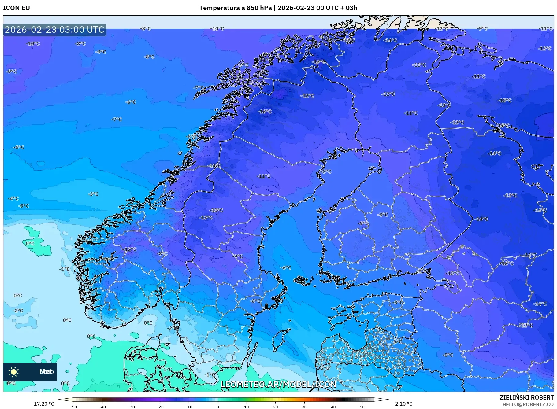 ICON model - Skandynawia, Temperatura na 850 hPa