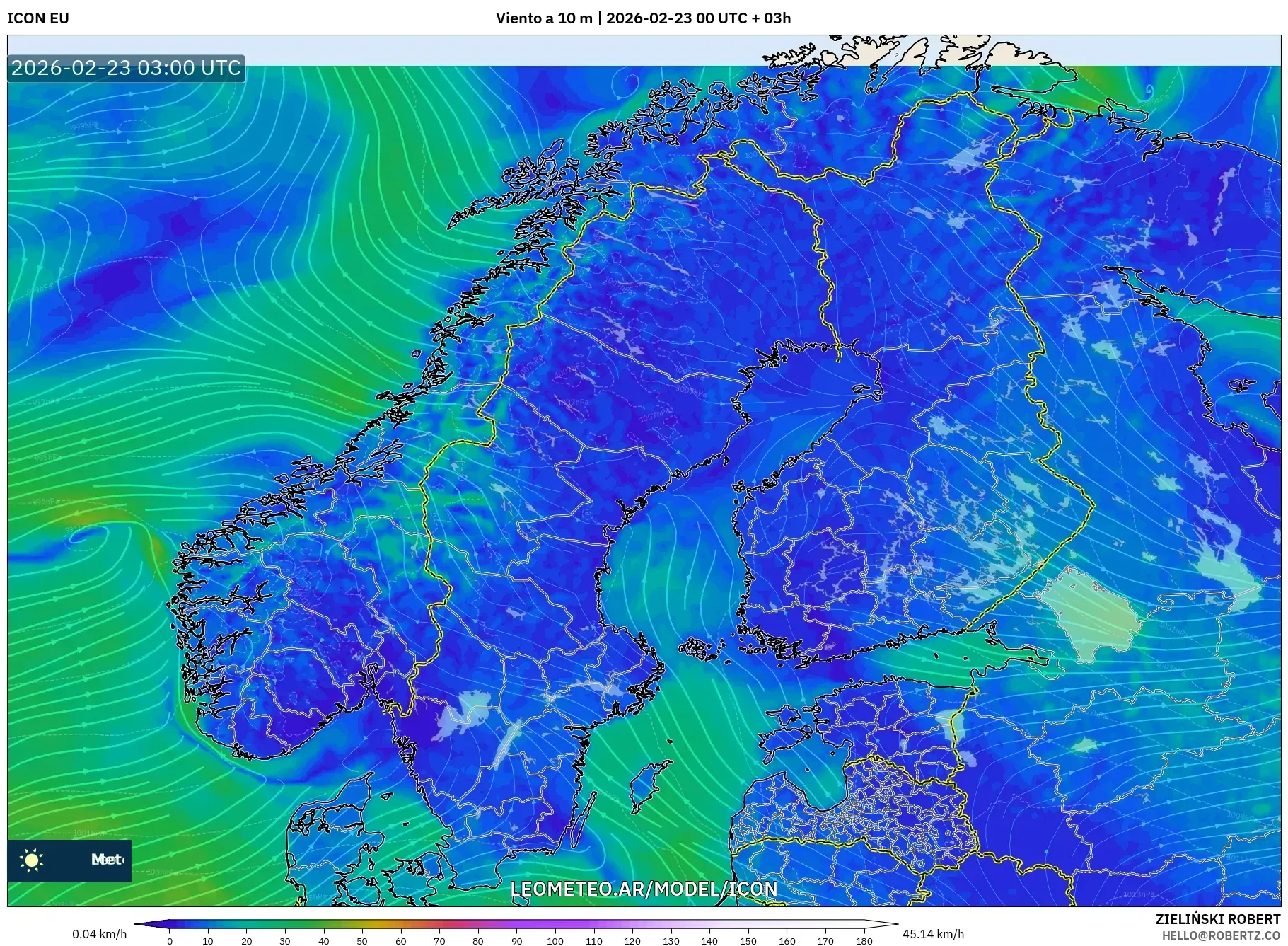 ICON model - Skandynawia, Wiatr na 10 m