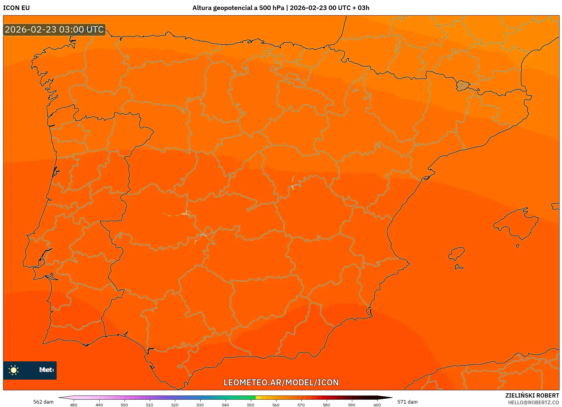 ICON model - Hiszpania, Wysokość geopotencjalna na poziomie 500 hPa