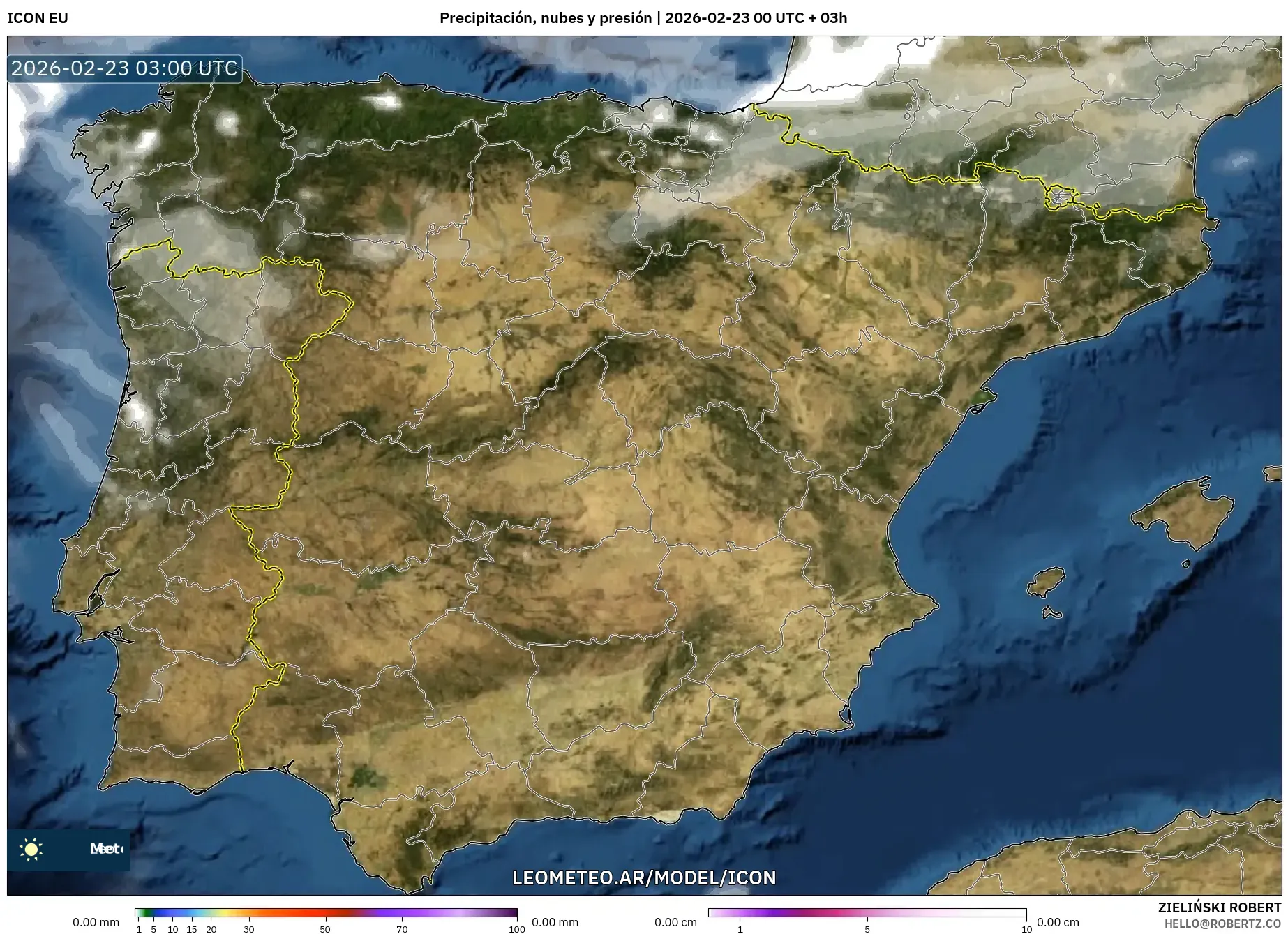 ICON model - Hiszpania, Opady, chmury i ciśnienie