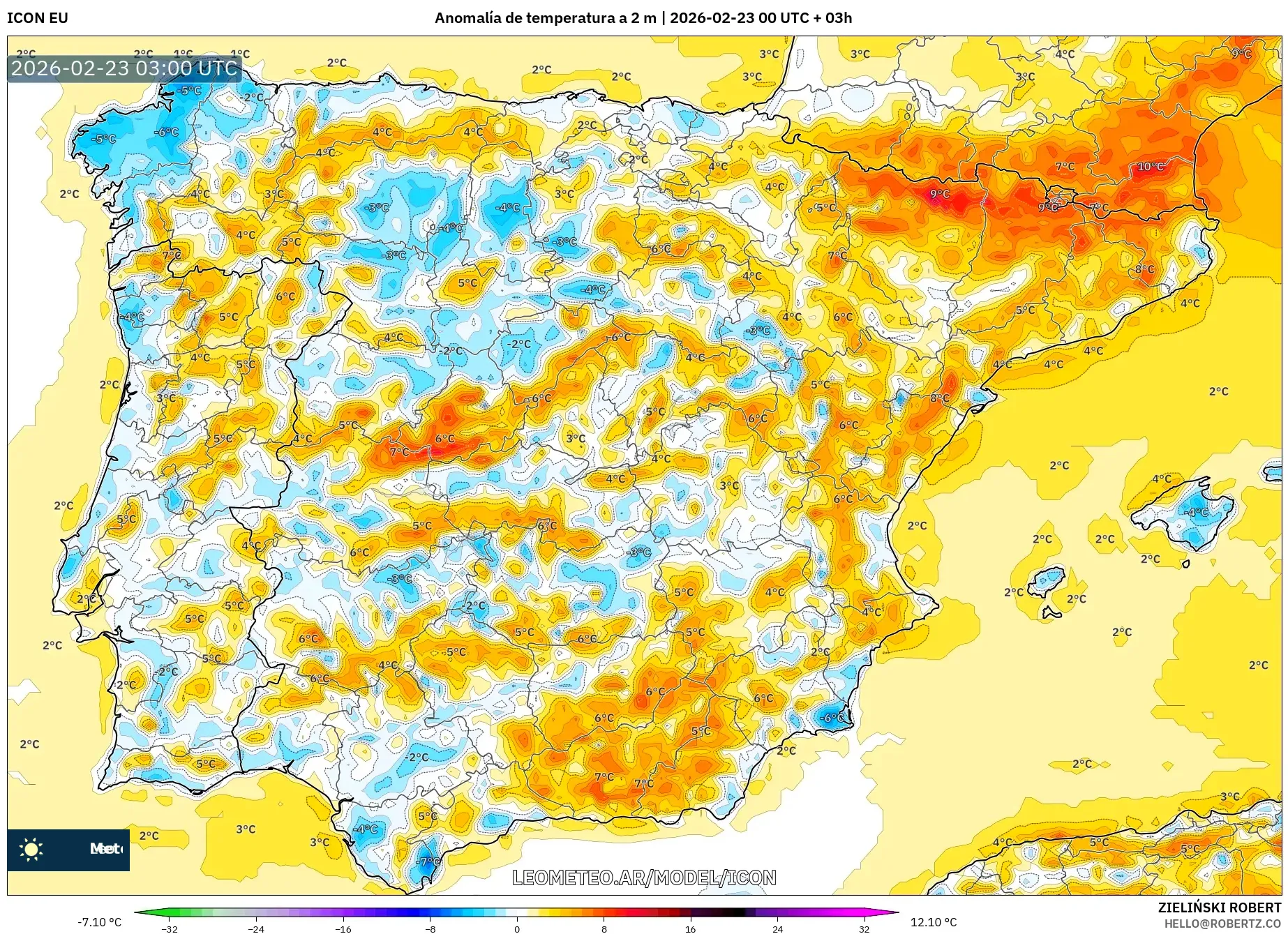 ICON model - Hiszpania, Anomalia temperatury na 2 m