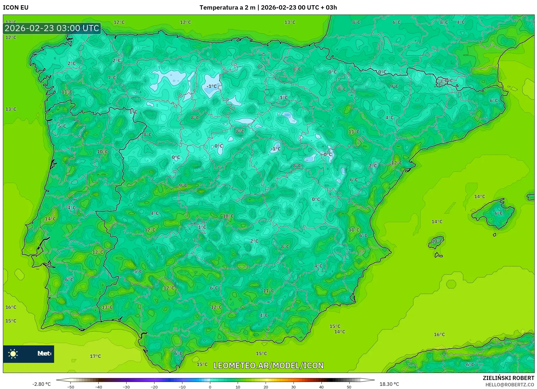 ICON model - Hiszpania, Temperatura na 2 m