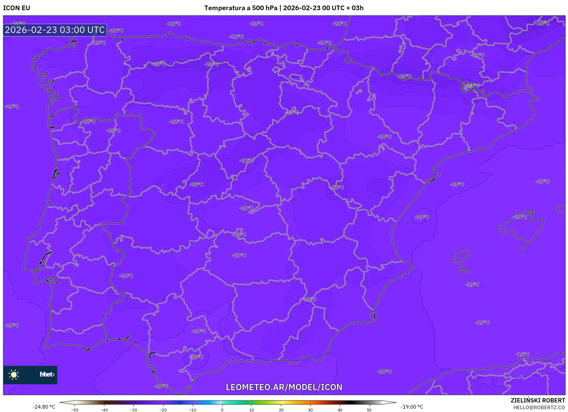 ICON model - Hiszpania, Temperatura na 500 hPa