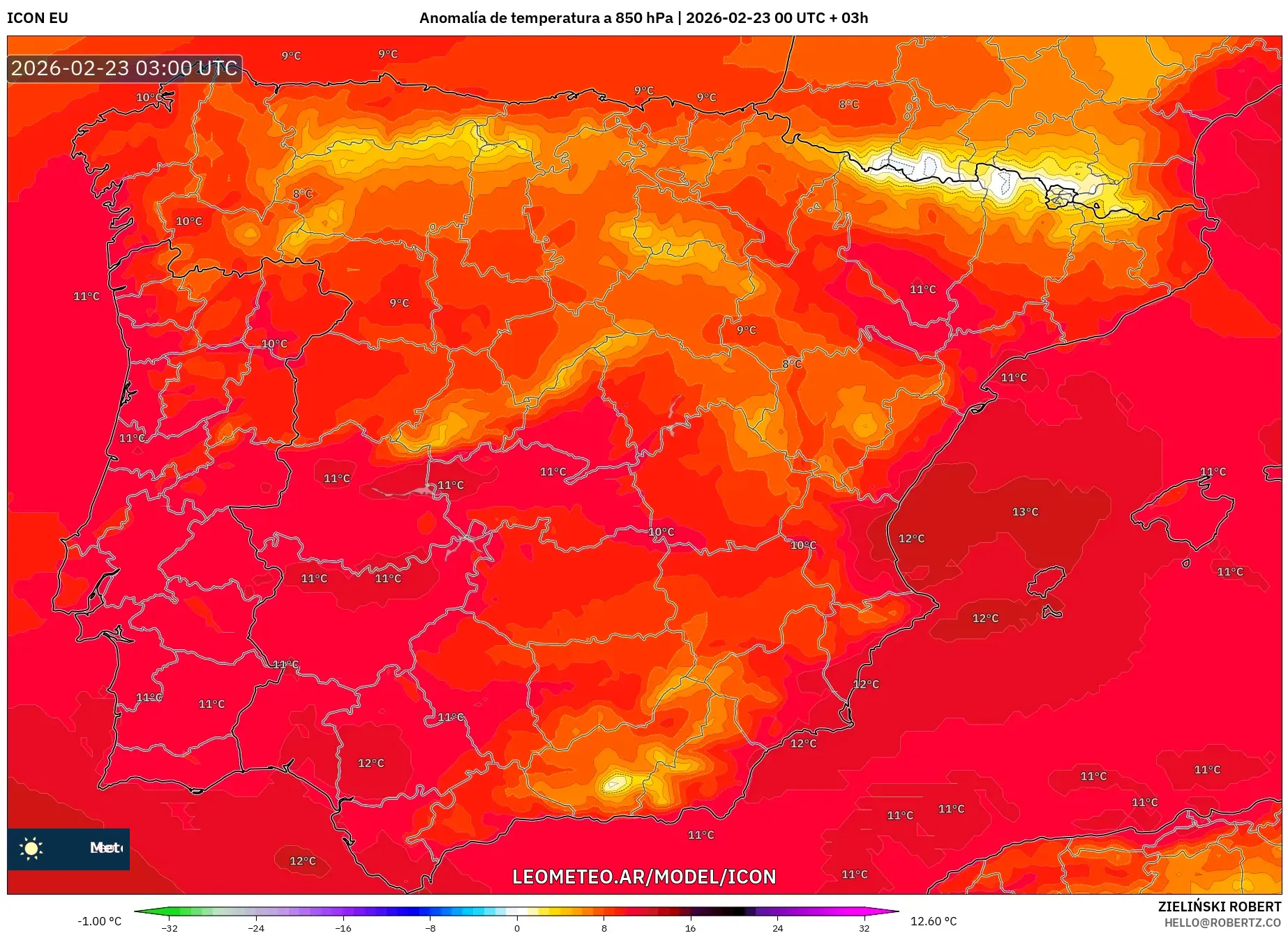 ICON model - Hiszpania, Anomalia temperatury na 850 hPa