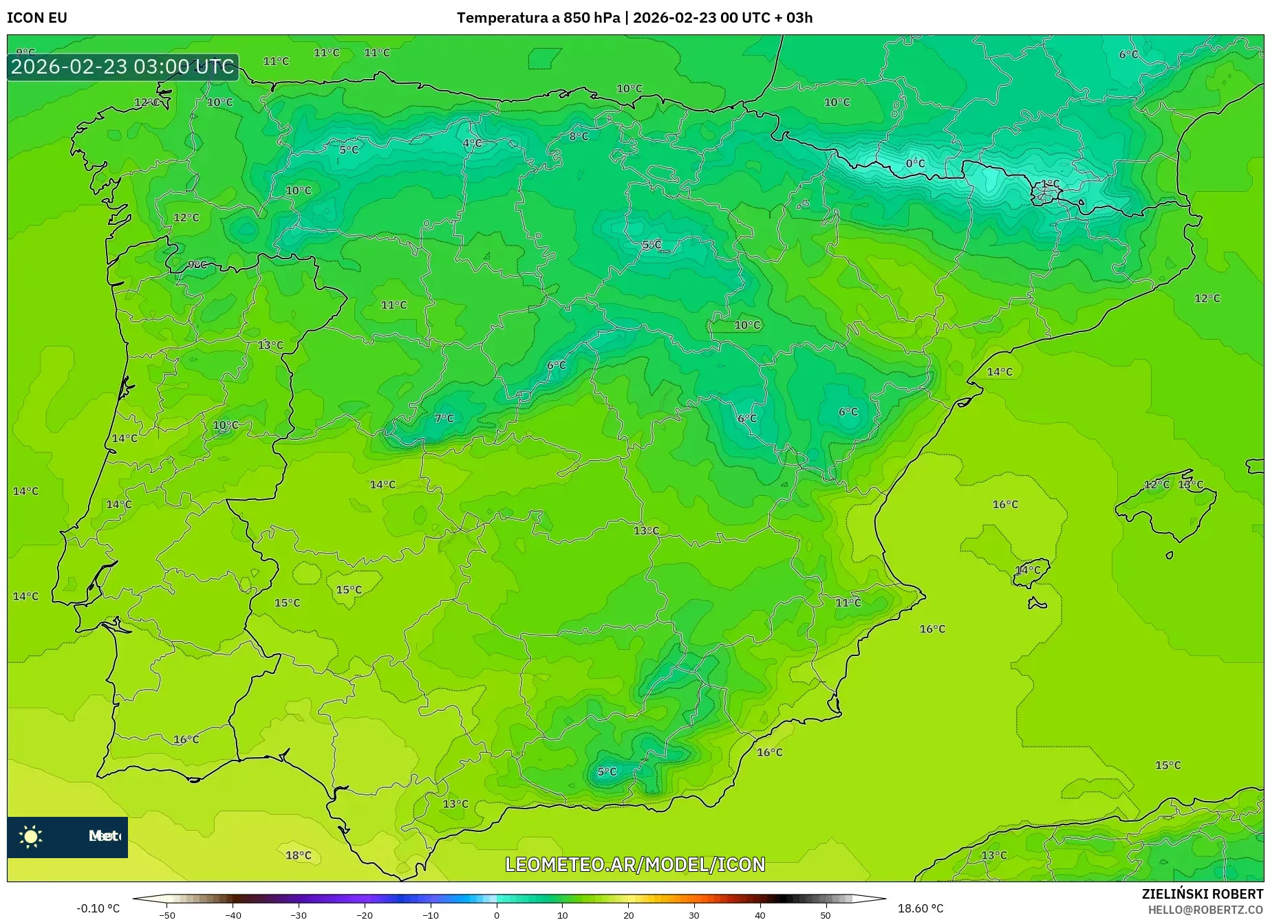 ICON model - Hiszpania, Temperatura na 850 hPa