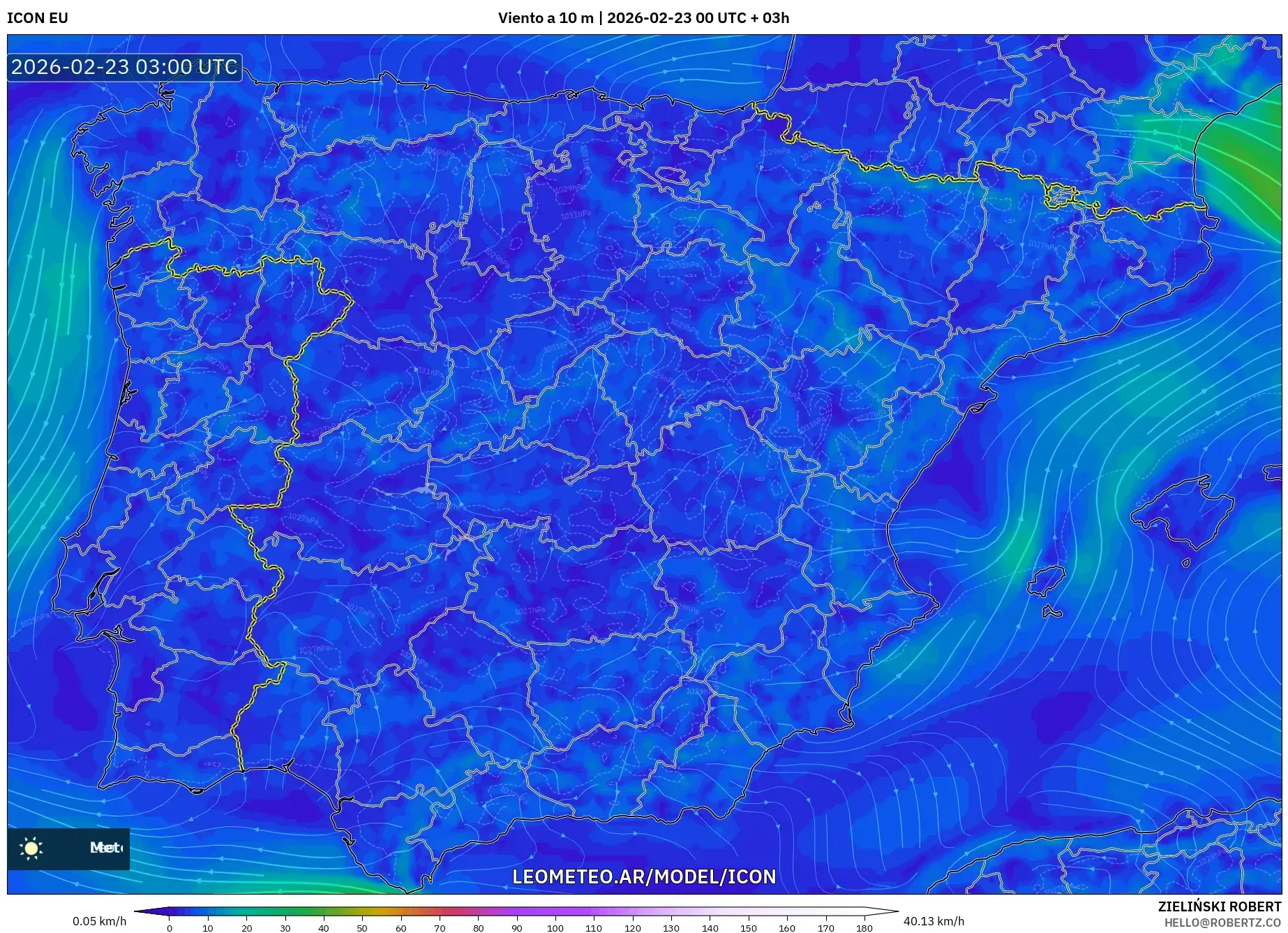 ICON model - Hiszpania, Wiatr na 10 m