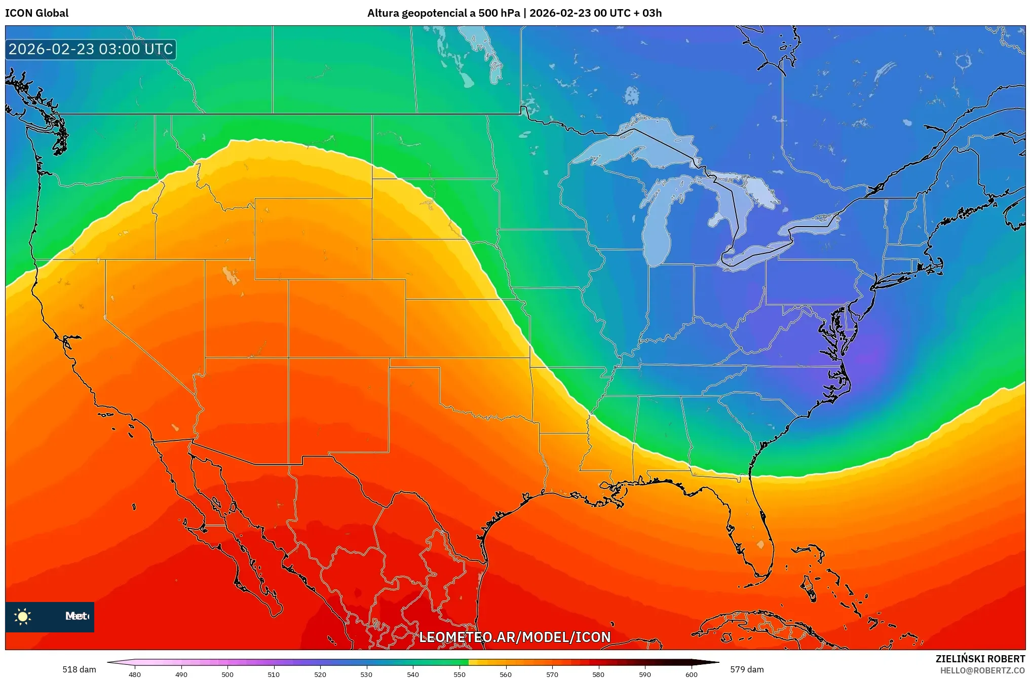 ICON model - Stany Zjednoczone, Wysokość geopotencjalna na poziomie 500 hPa