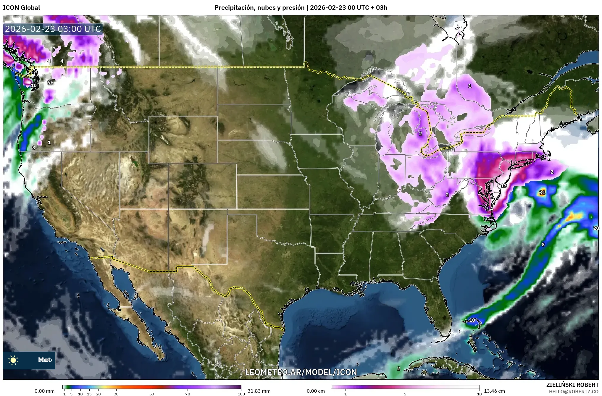 ICON model - Stany Zjednoczone, Opady, chmury i ciśnienie