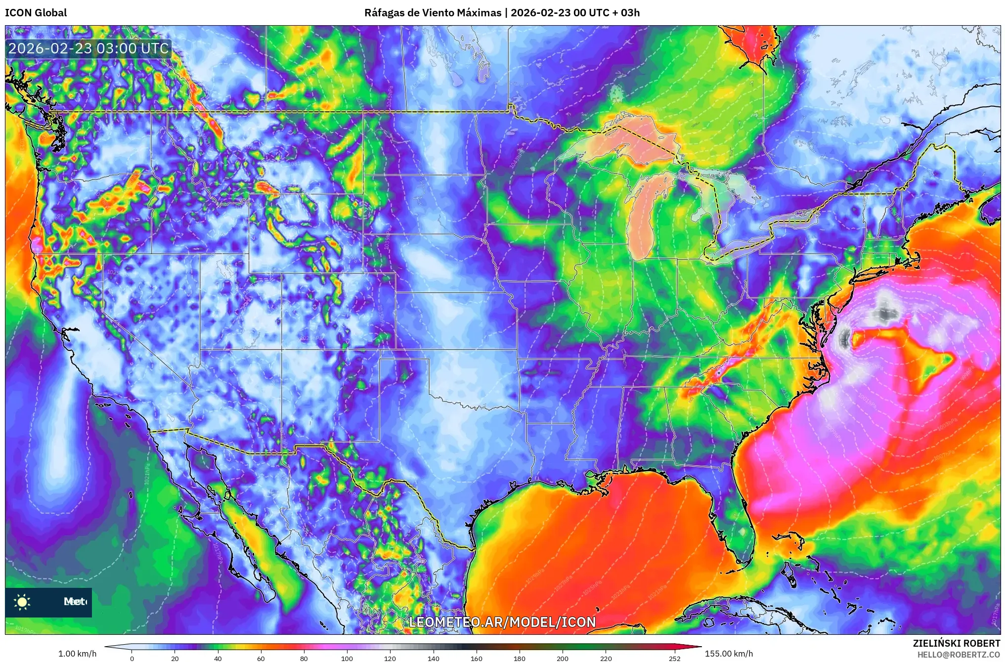 ICON model - Stany Zjednoczone, Maksymalne Porywy Wiatru