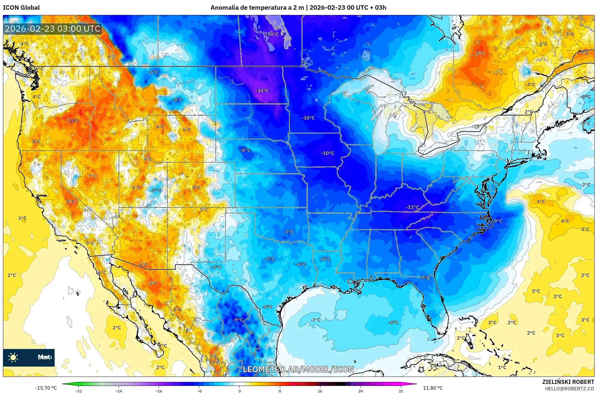 ICON model - Stany Zjednoczone, Anomalia temperatury na 2 m