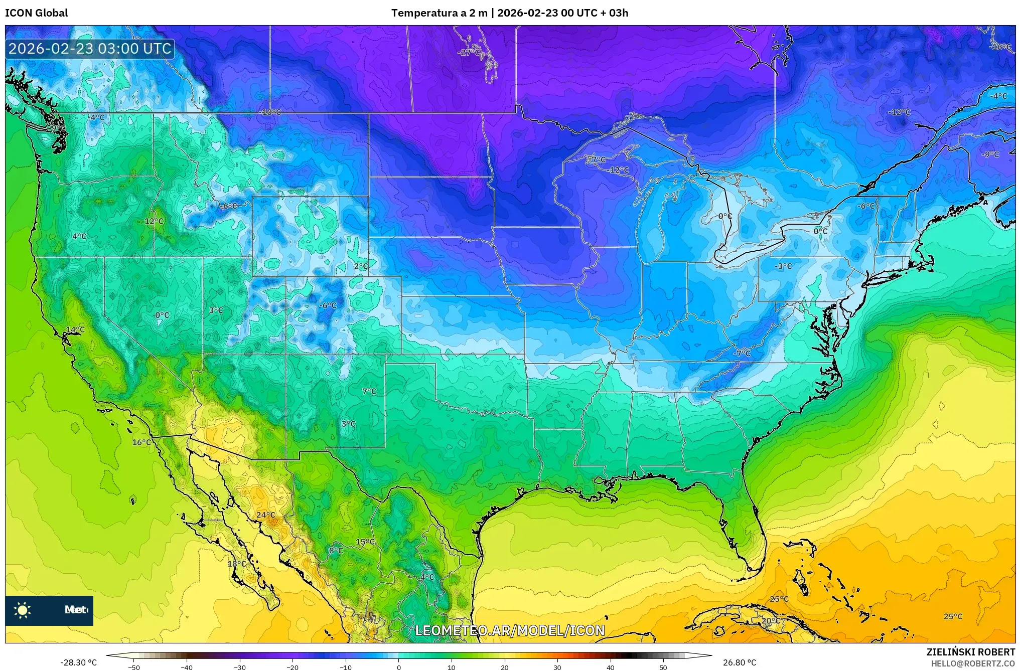 ICON model - Stany Zjednoczone, Temperatura na 2 m