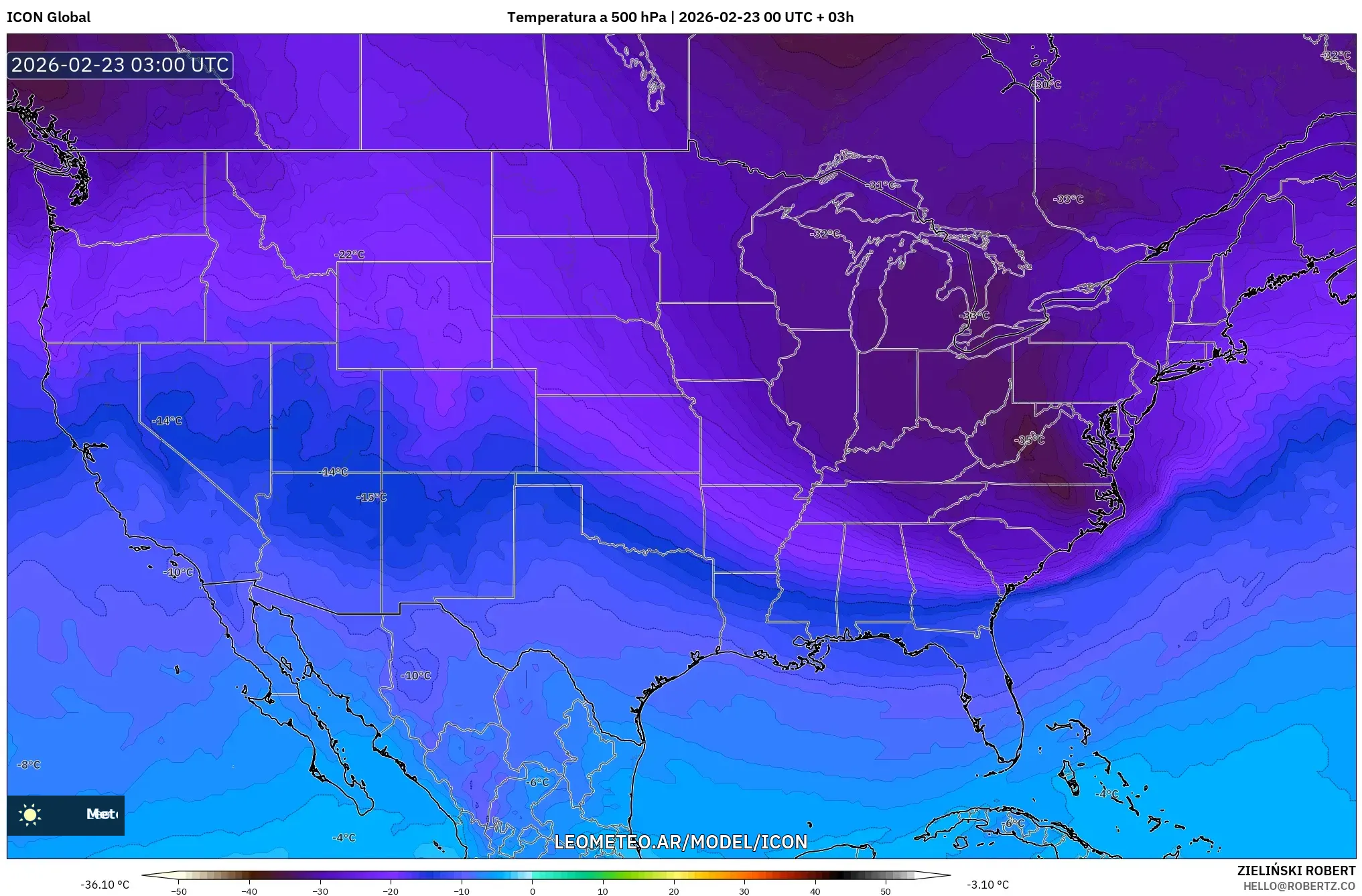 ICON model - Stany Zjednoczone, Temperatura na 500 hPa