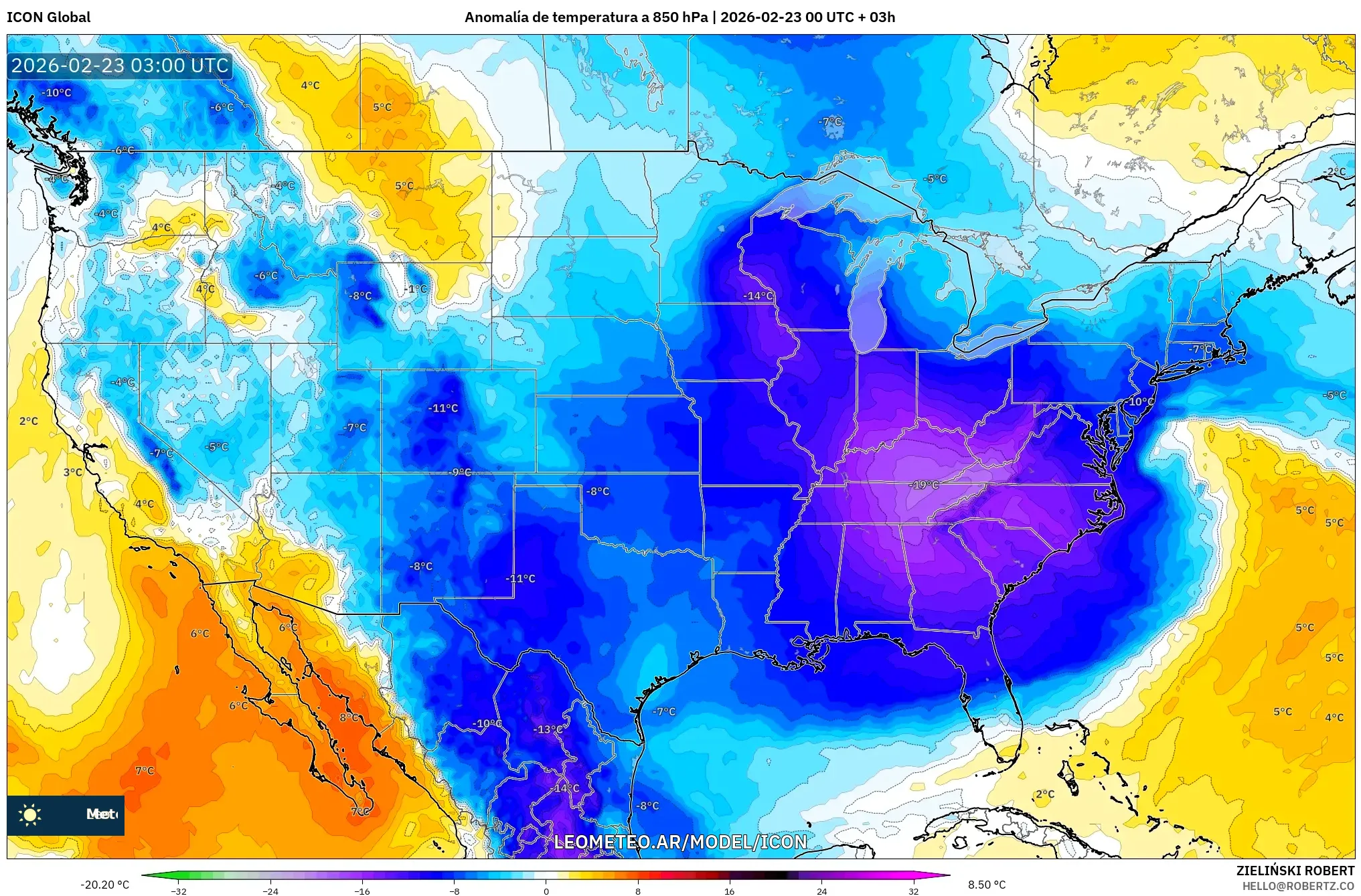 ICON model - Stany Zjednoczone, Anomalia temperatury na 850 hPa