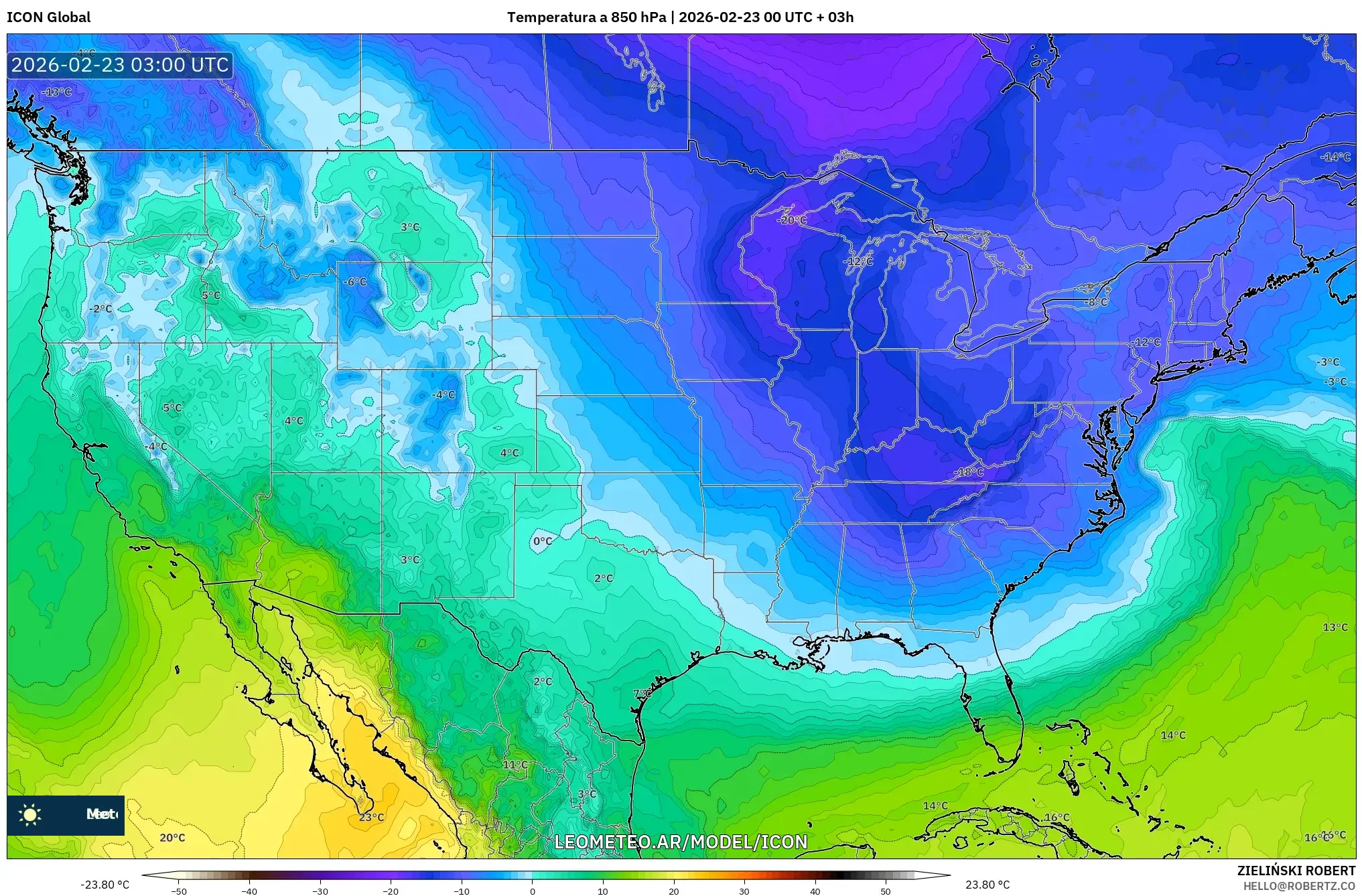 ICON model - Stany Zjednoczone, Temperatura na 850 hPa