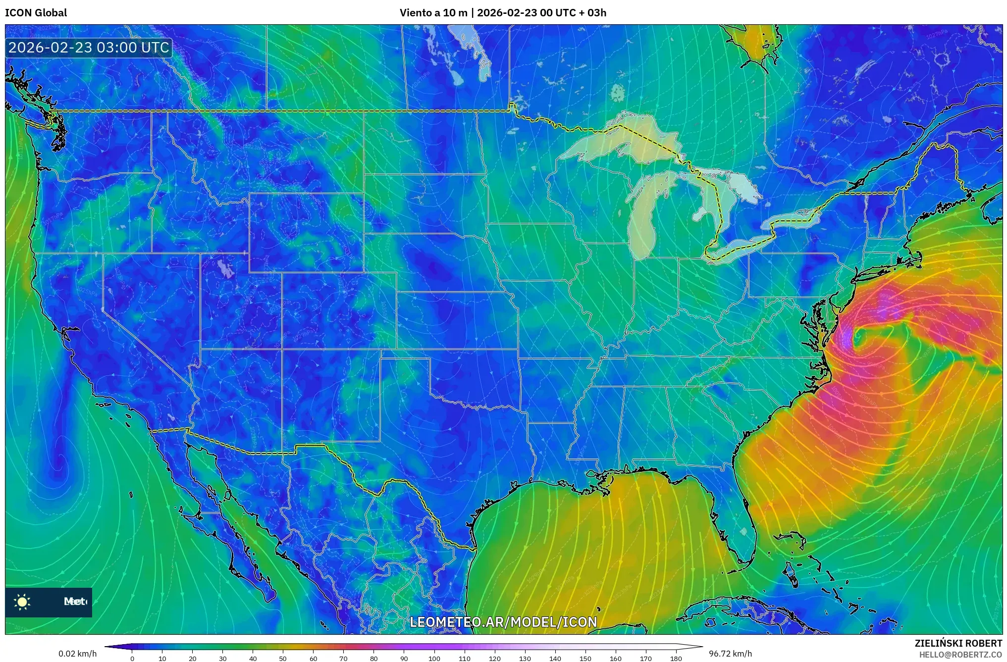 ICON model - Stany Zjednoczone, Wiatr na 10 m