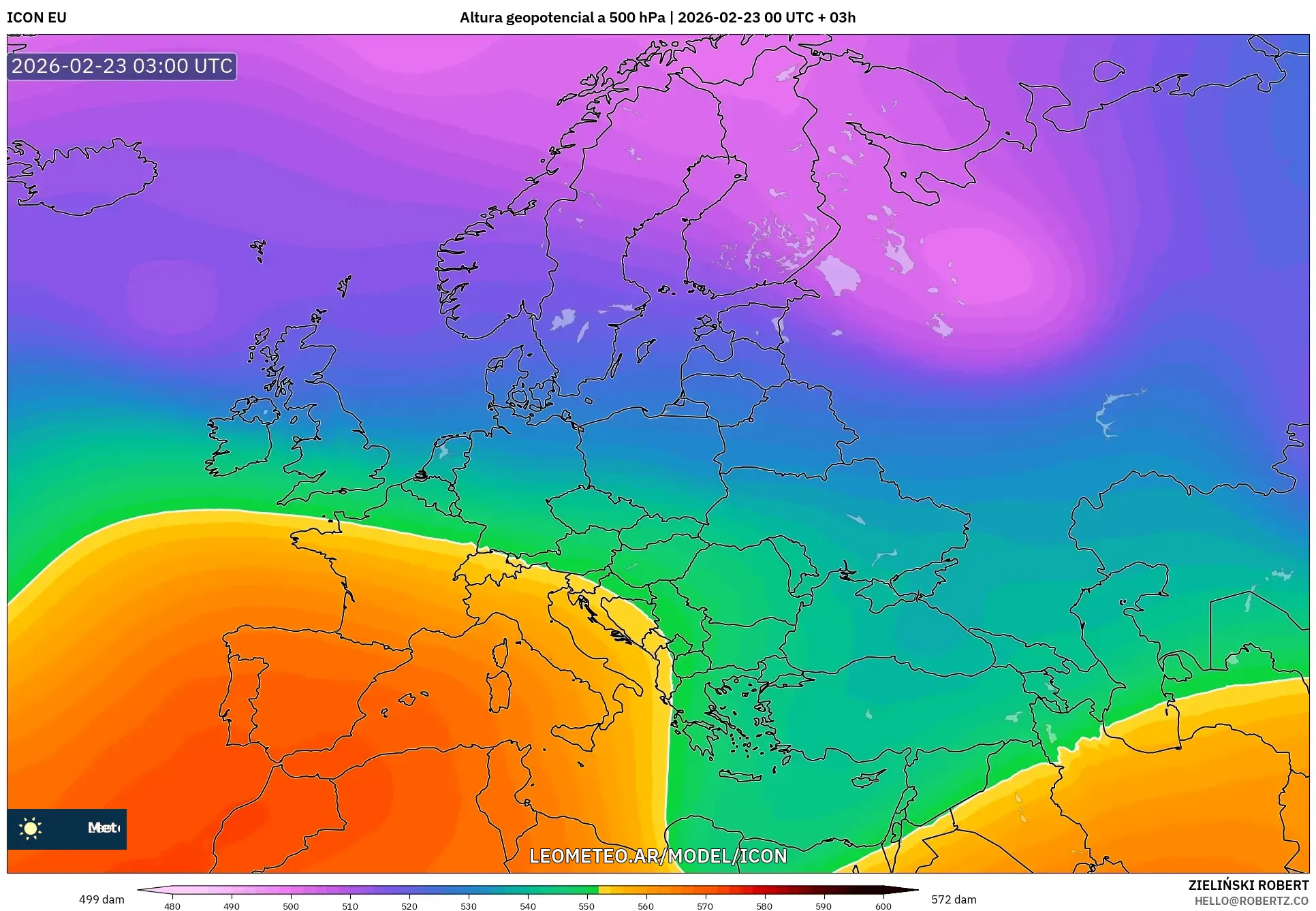 ICON model - Europa, Wysokość geopotencjalna na poziomie 500 hPa